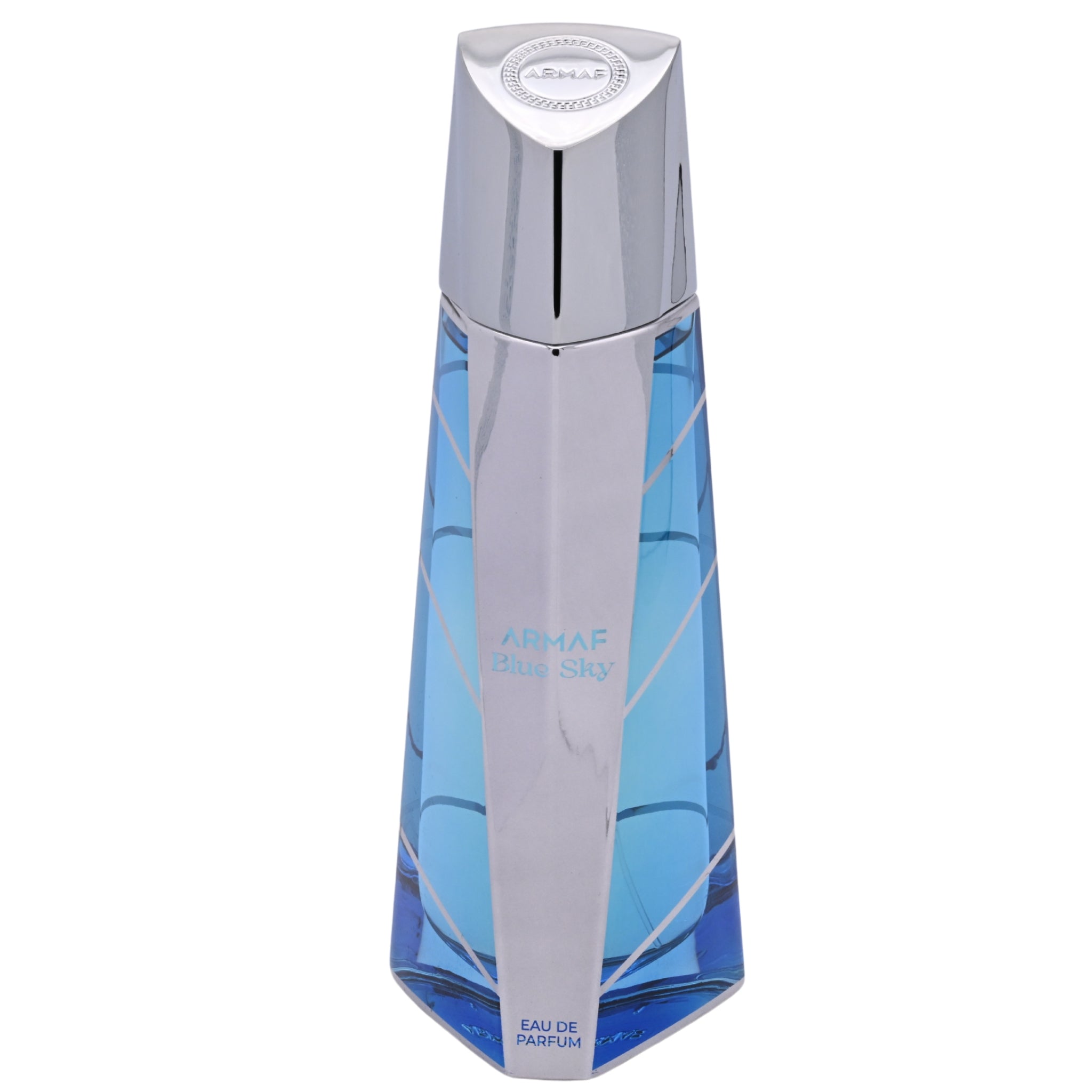 Blue perfume bottle with silver cap on a white background