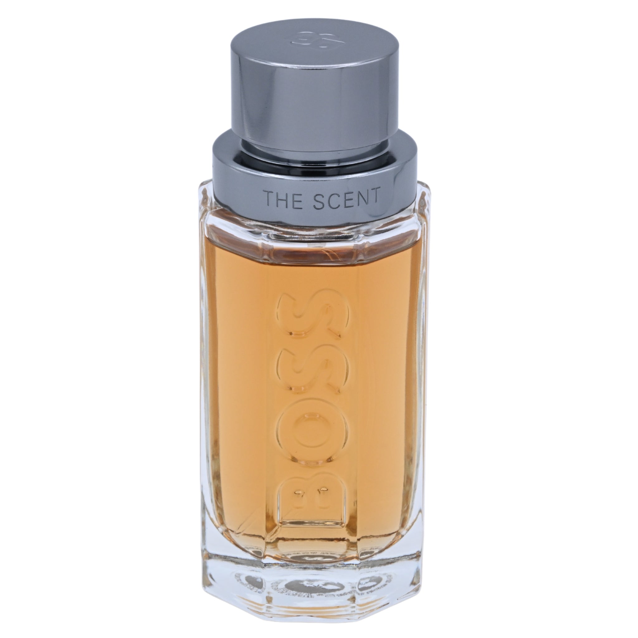 BOSS perfume bottle with gray cap on a white background