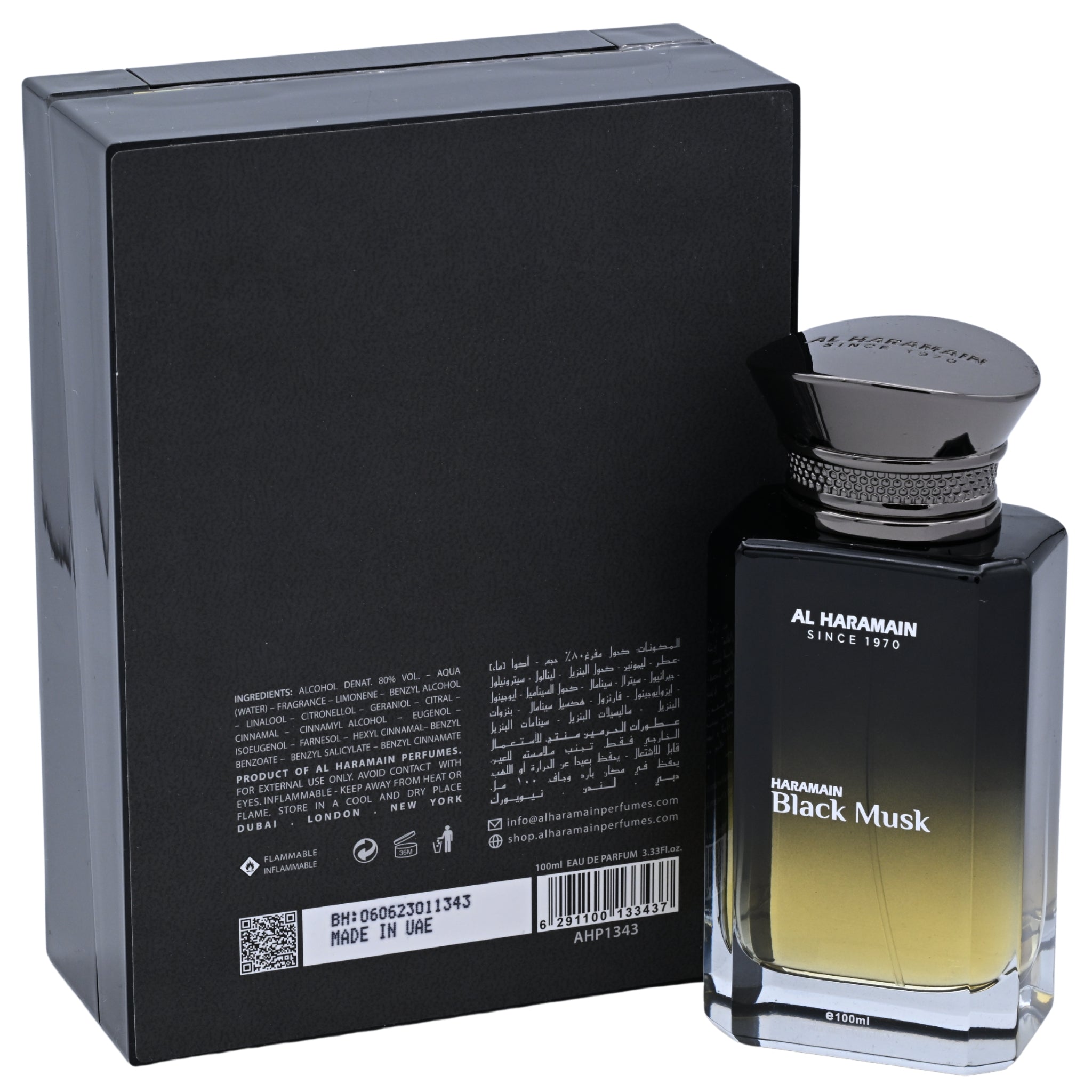 Al Haramain Black Musk perfume bottle with packaging on a white background