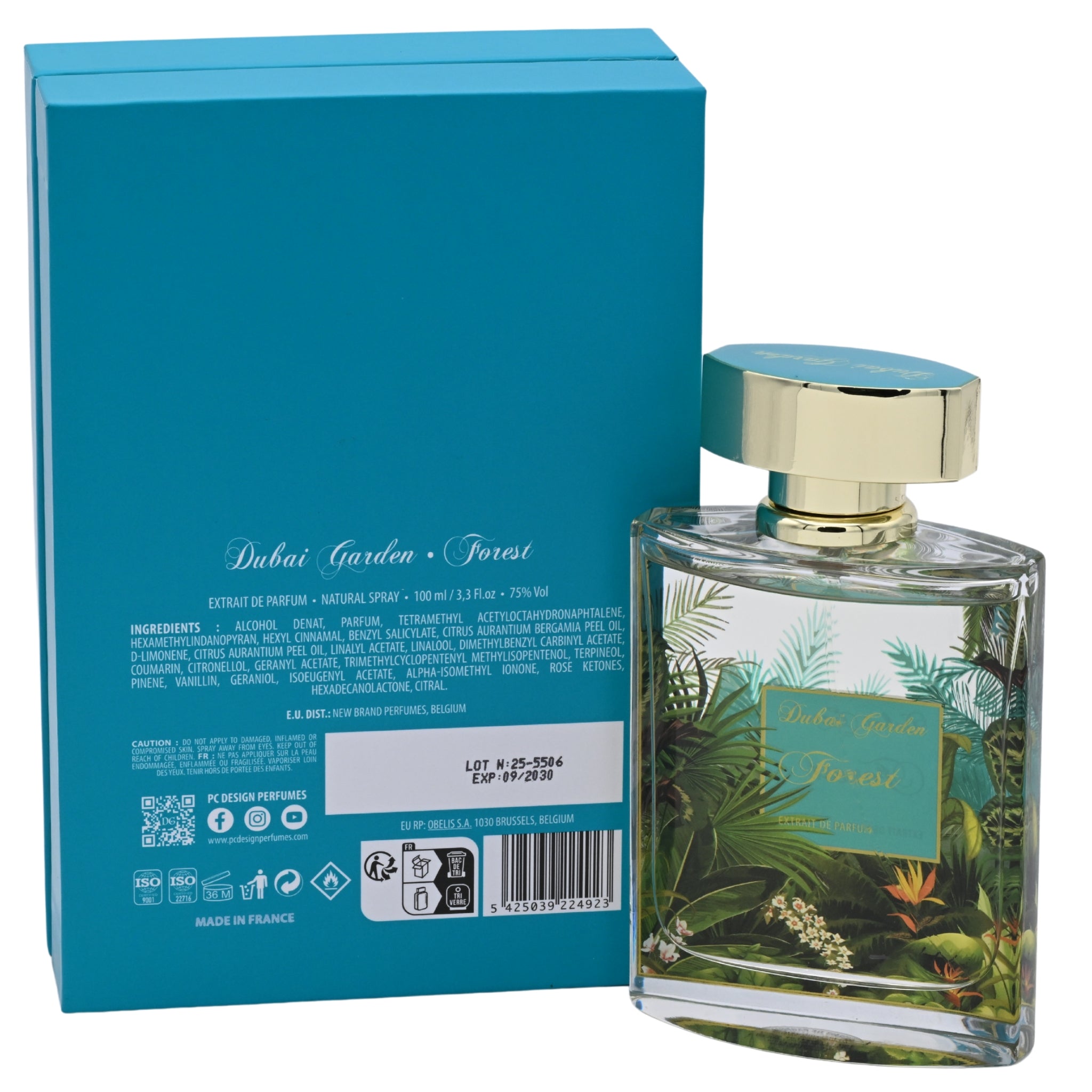 Perfume bottle with 'Dubai Garden Forest' packaging on a white background