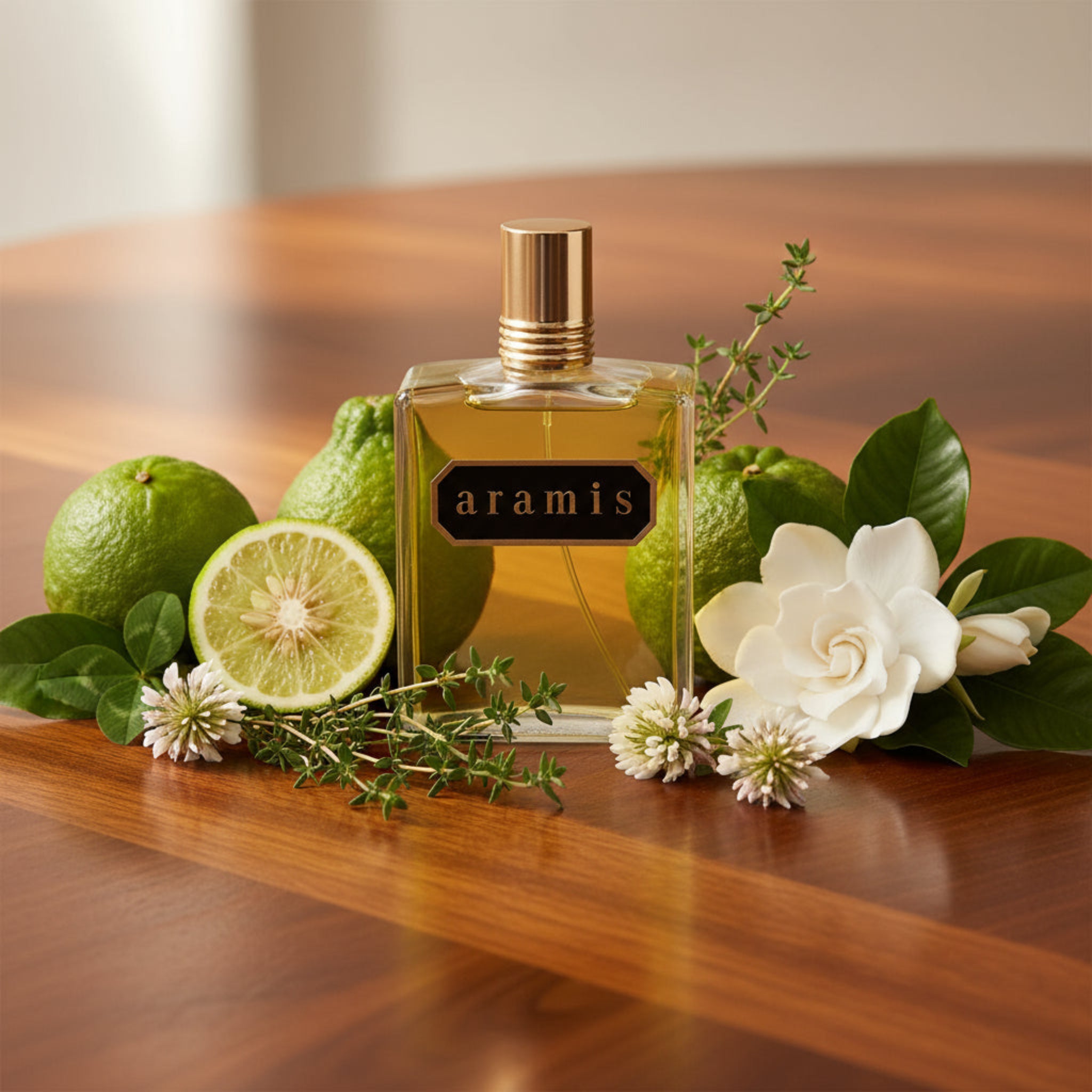 Aramis perfume bottle on a wooden surface with limes, lemons, and flowers.
