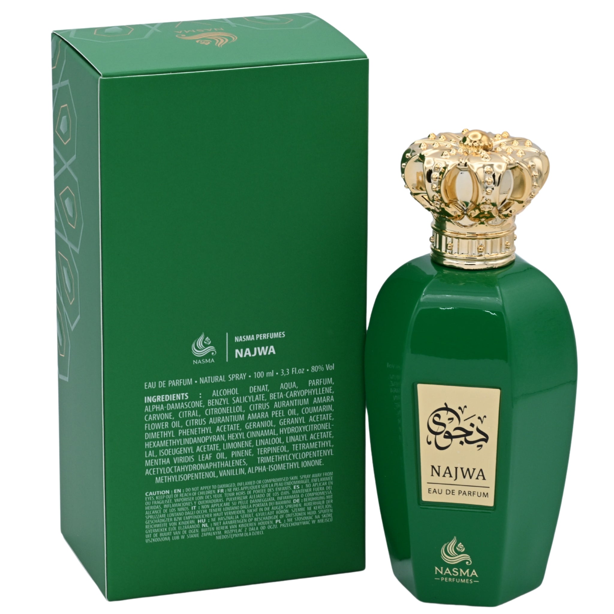 Green perfume bottle with gold cap and packaging on a white background