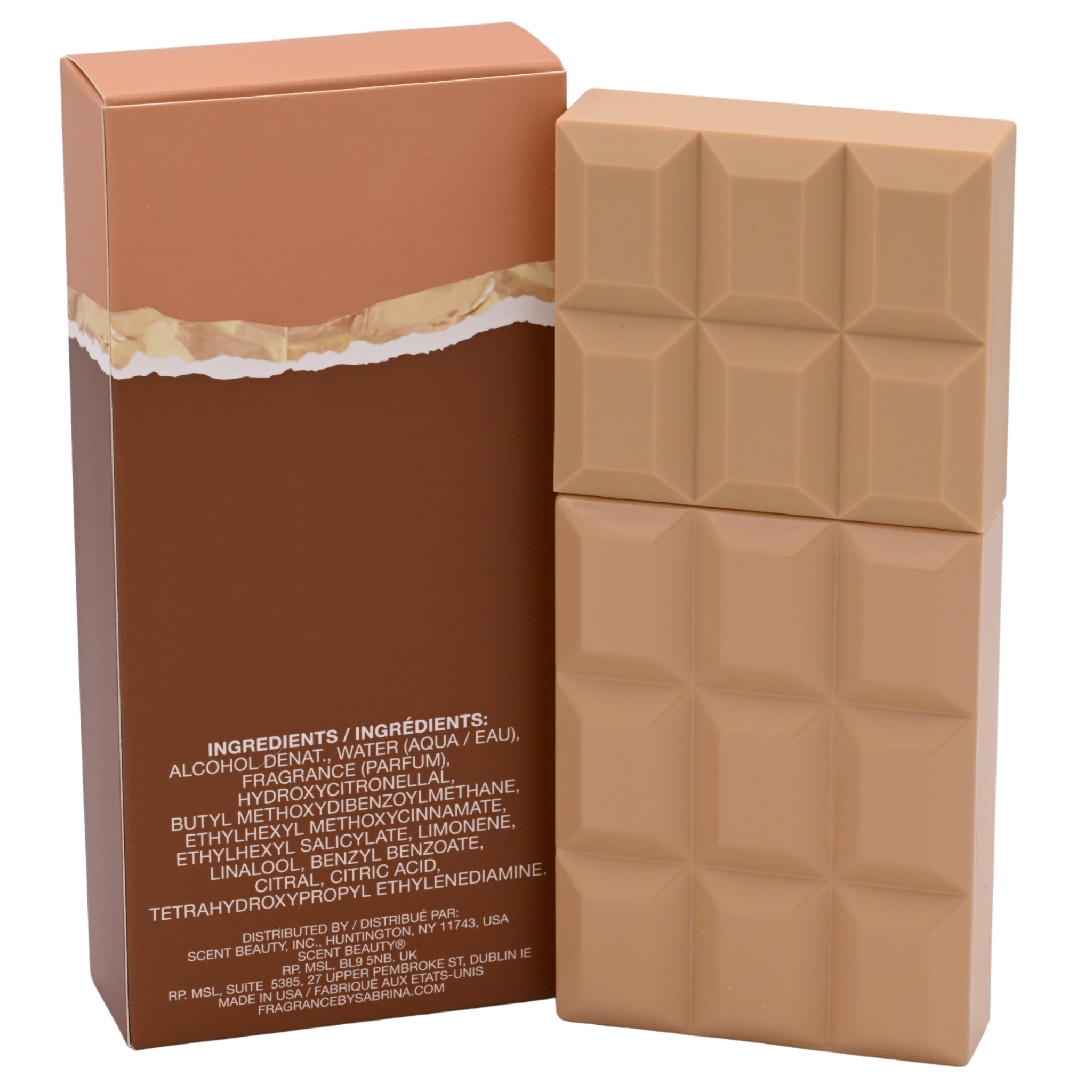 Rectangular chocolate bar shaped perfume bottle with packaging on a white background