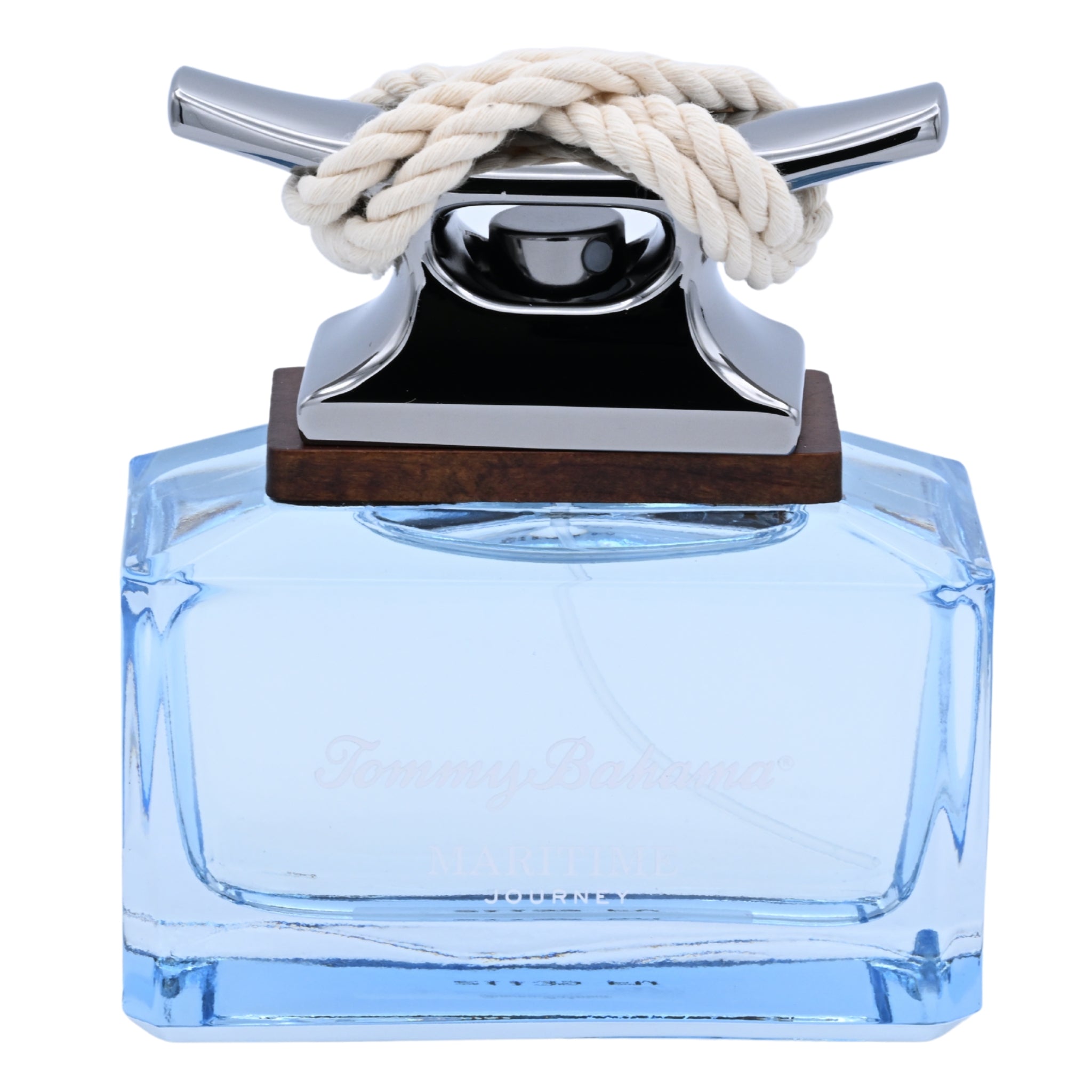 Blue glass perfume bottle with a decorative cap on a white background