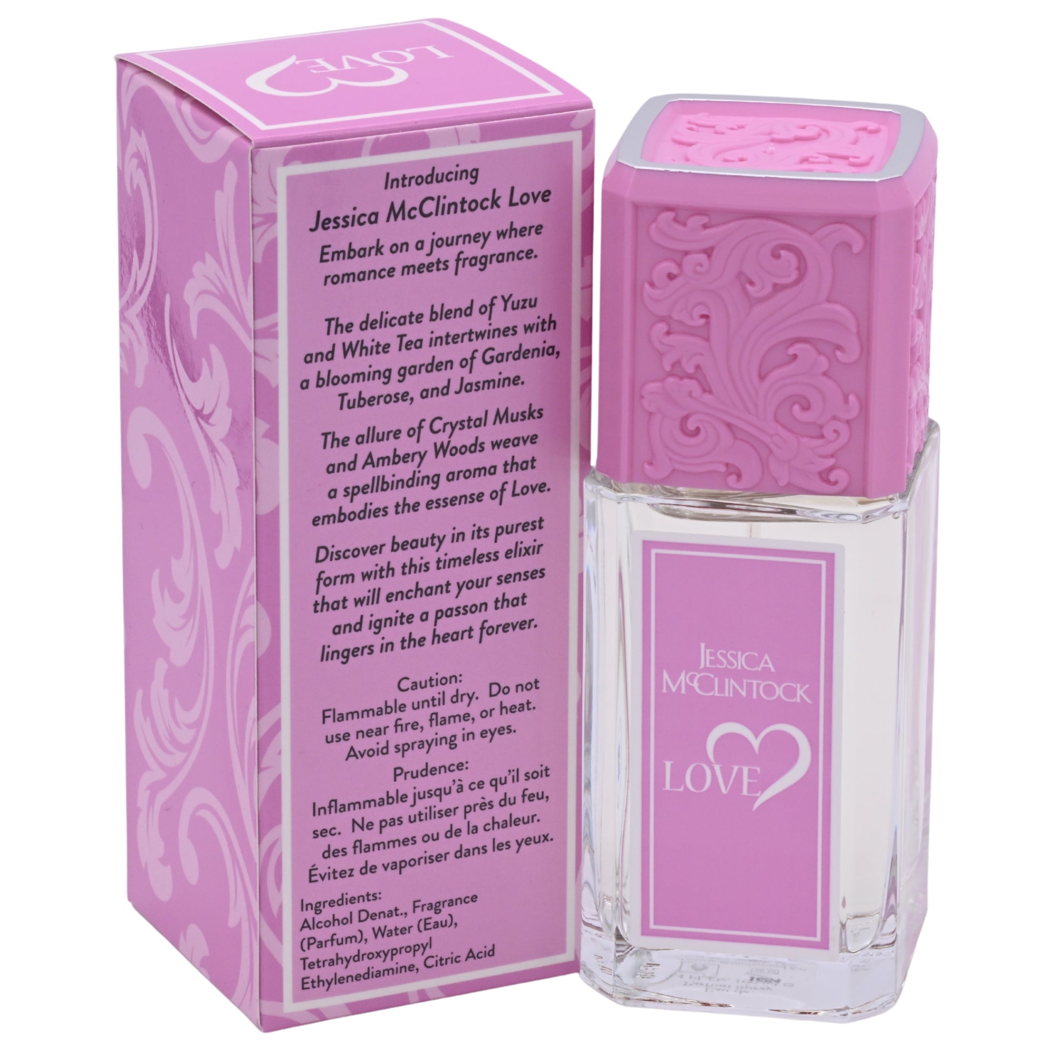 Pink Jessica McClintock Love perfume bottle and packaging on a white background