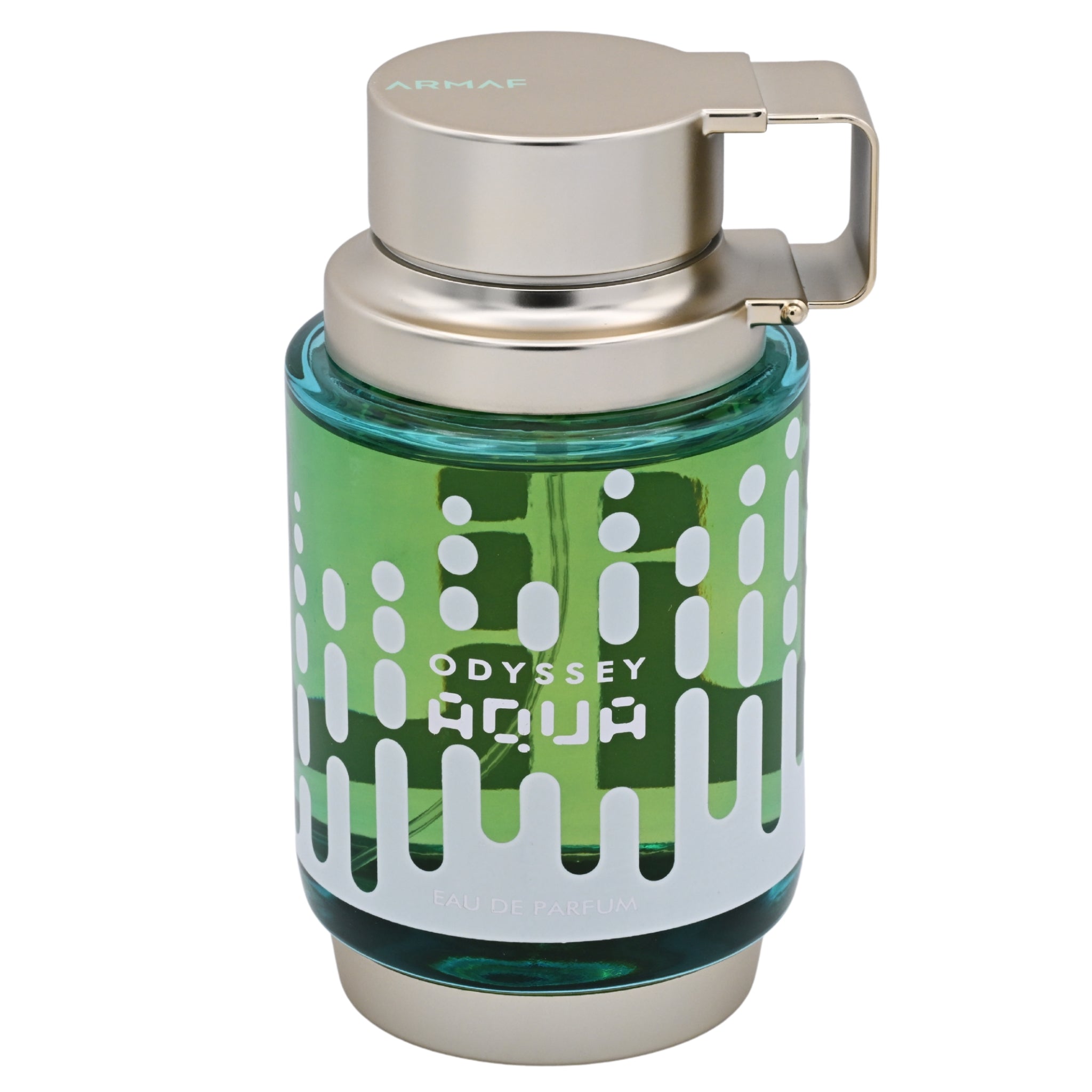 Perfume bottle labeled 'Odyssey Aqua' with green and white design on a white background