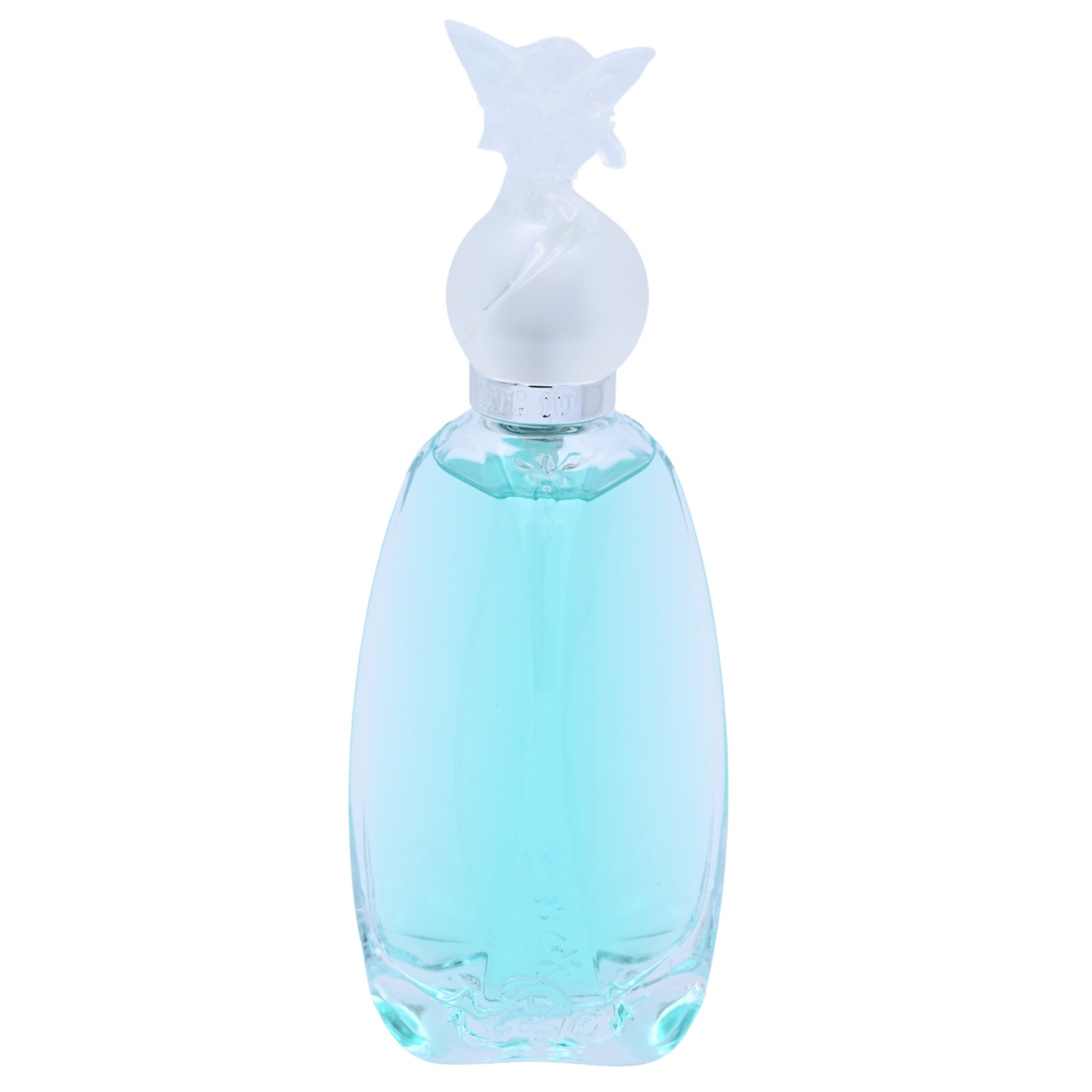Blue perfume bottle with a white cap on a white background
