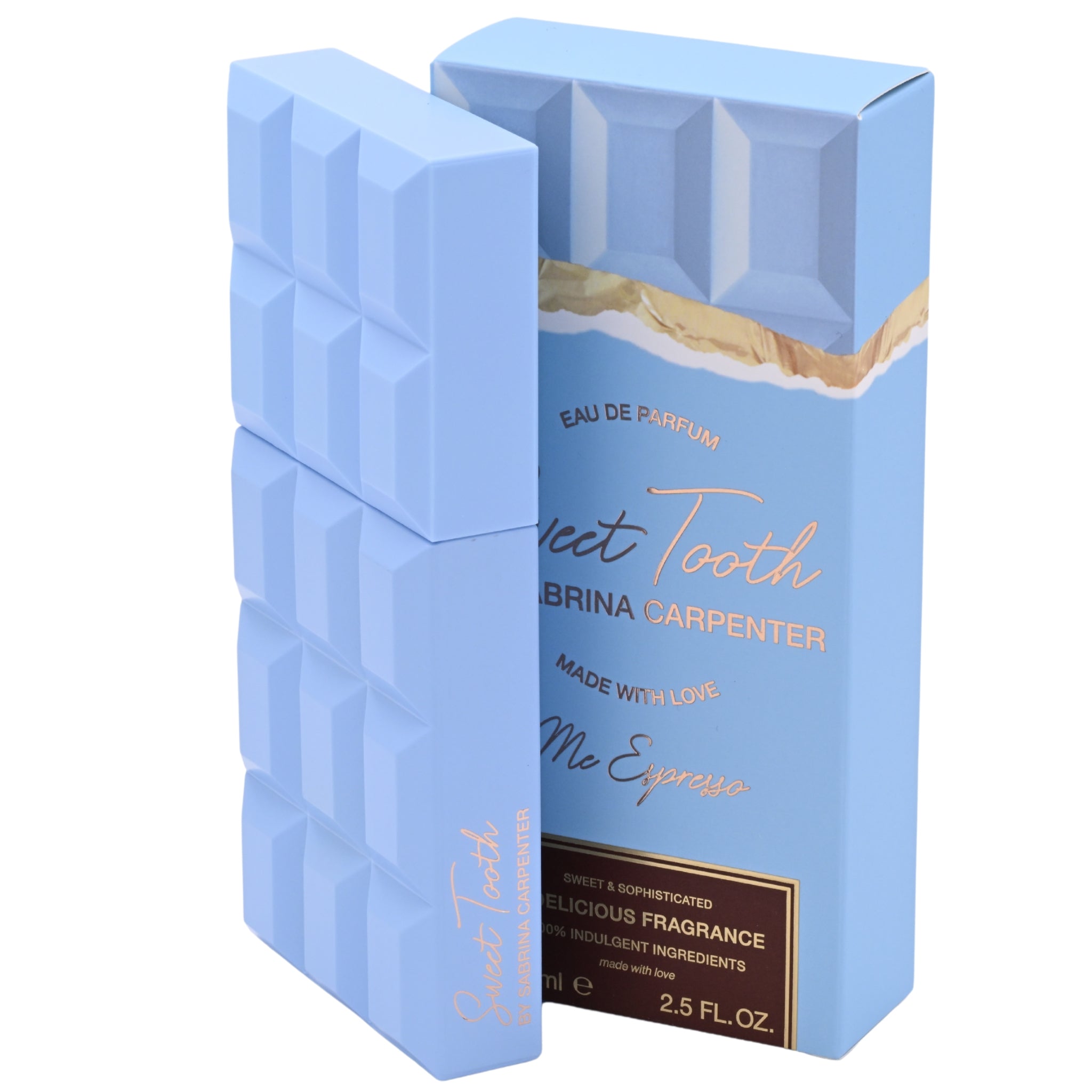 Blue chocolate bar-shaped perfume bottle with packaging on a white background.