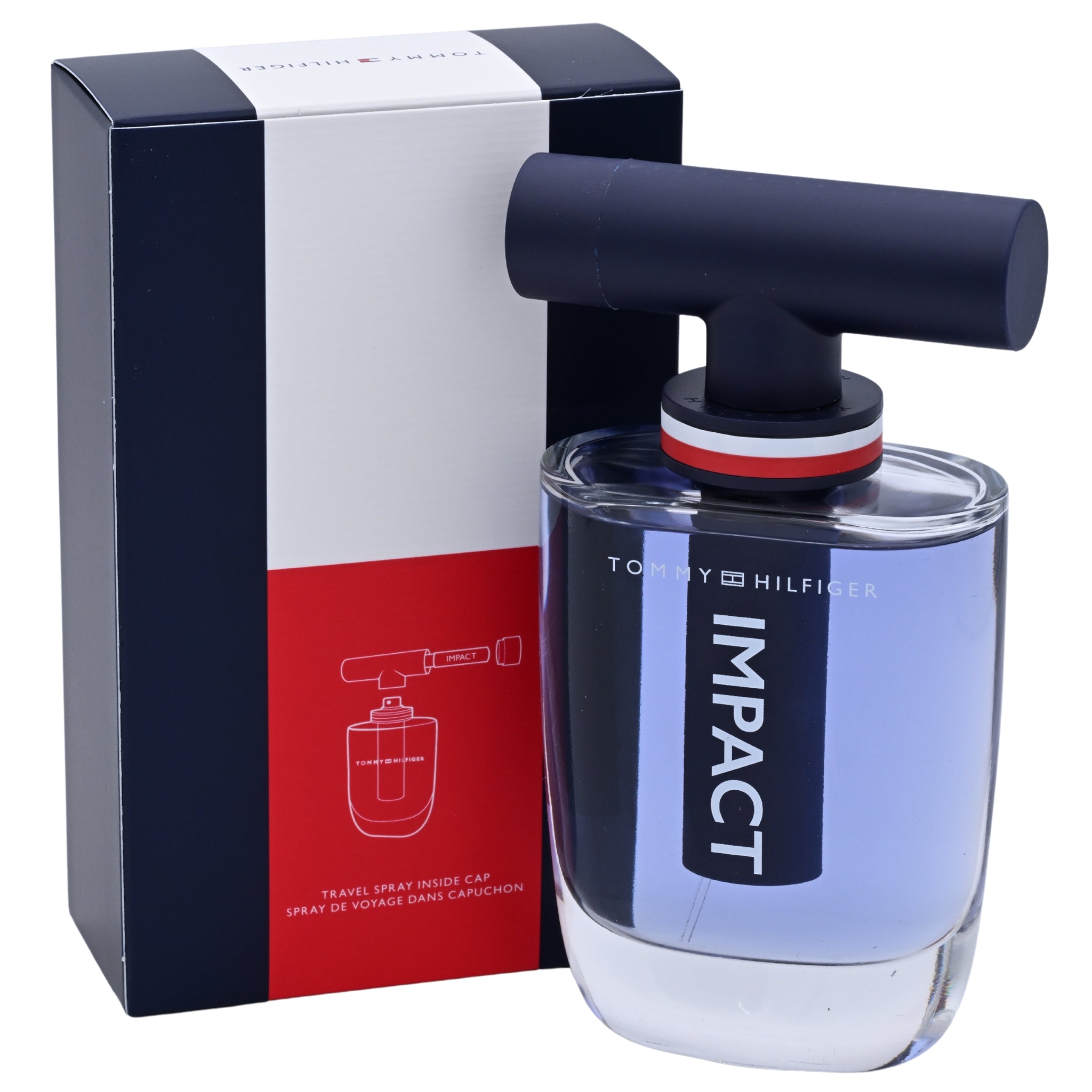 Tommy Hilfiger Impact perfume bottle with packaging on a white background