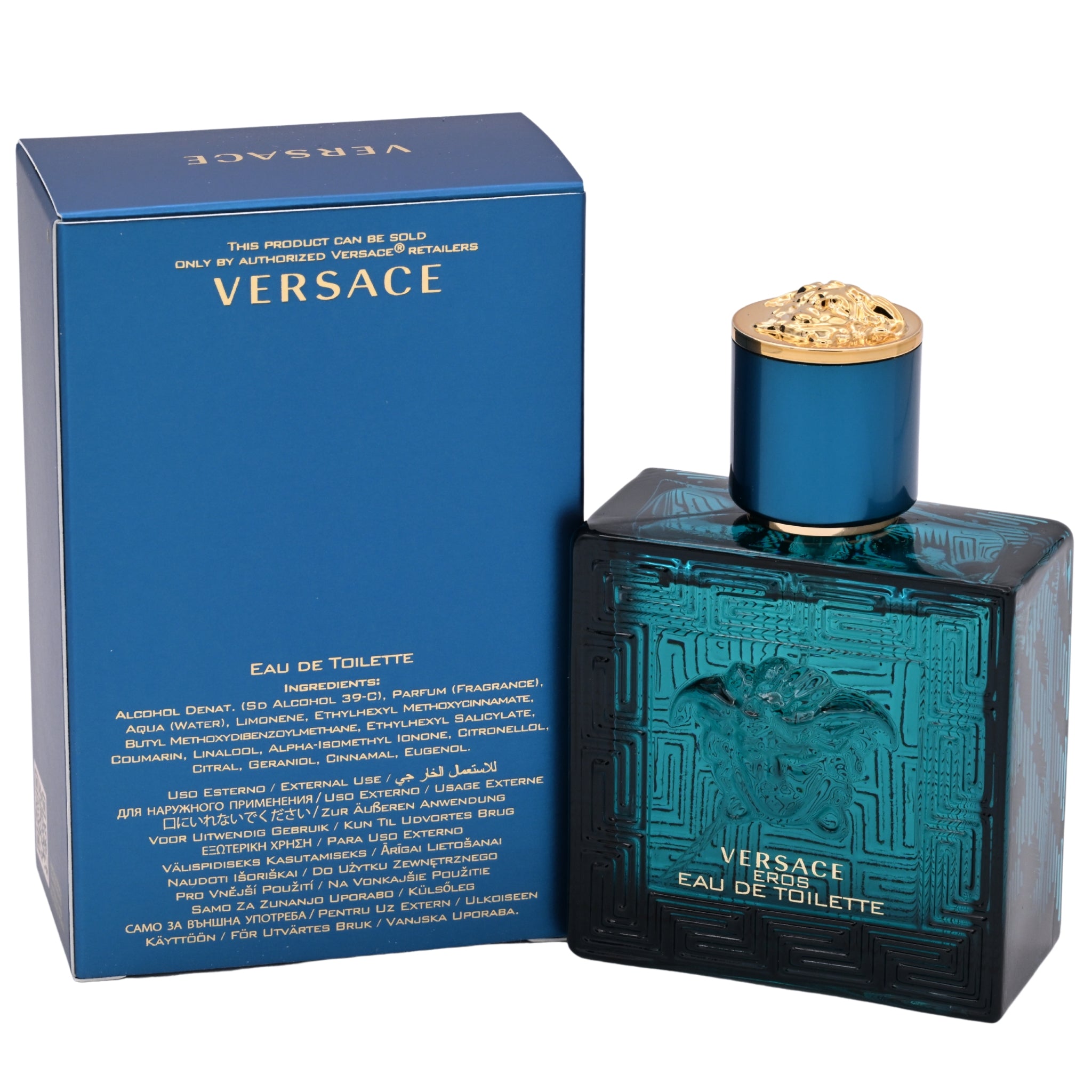 Versace Eau de Toilette bottle and packaging on a white background