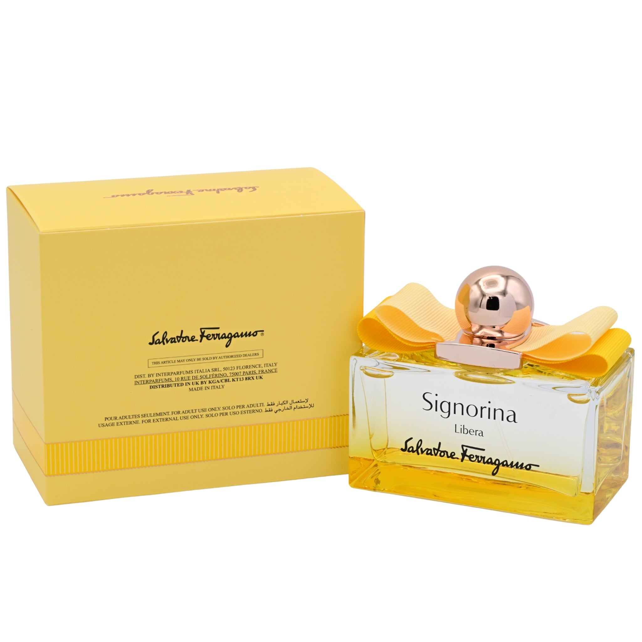 Salvatore Ferragamo Signorina Libera perfume bottle and packaging on a white background