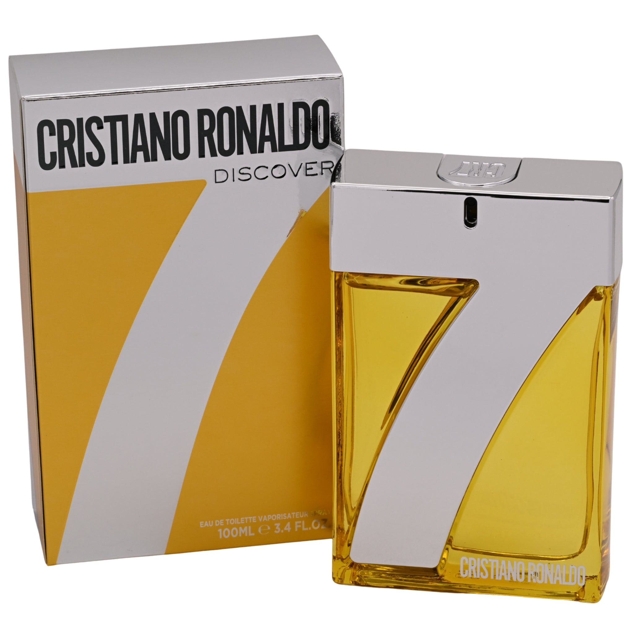 Cristiano Ronaldo Discovery 7 perfume bottle and packaging on a white background