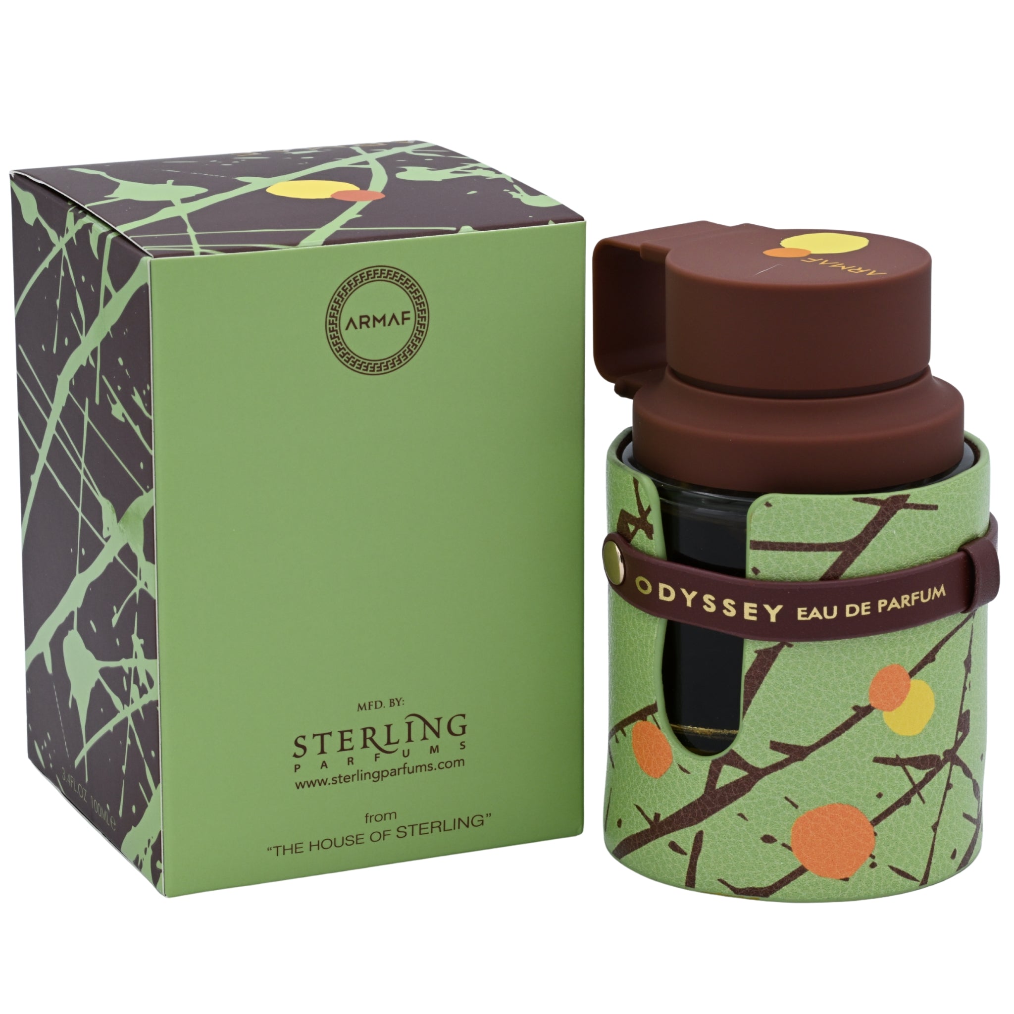 Perfume bottle with green packaging and brown cap next to its box on a white background