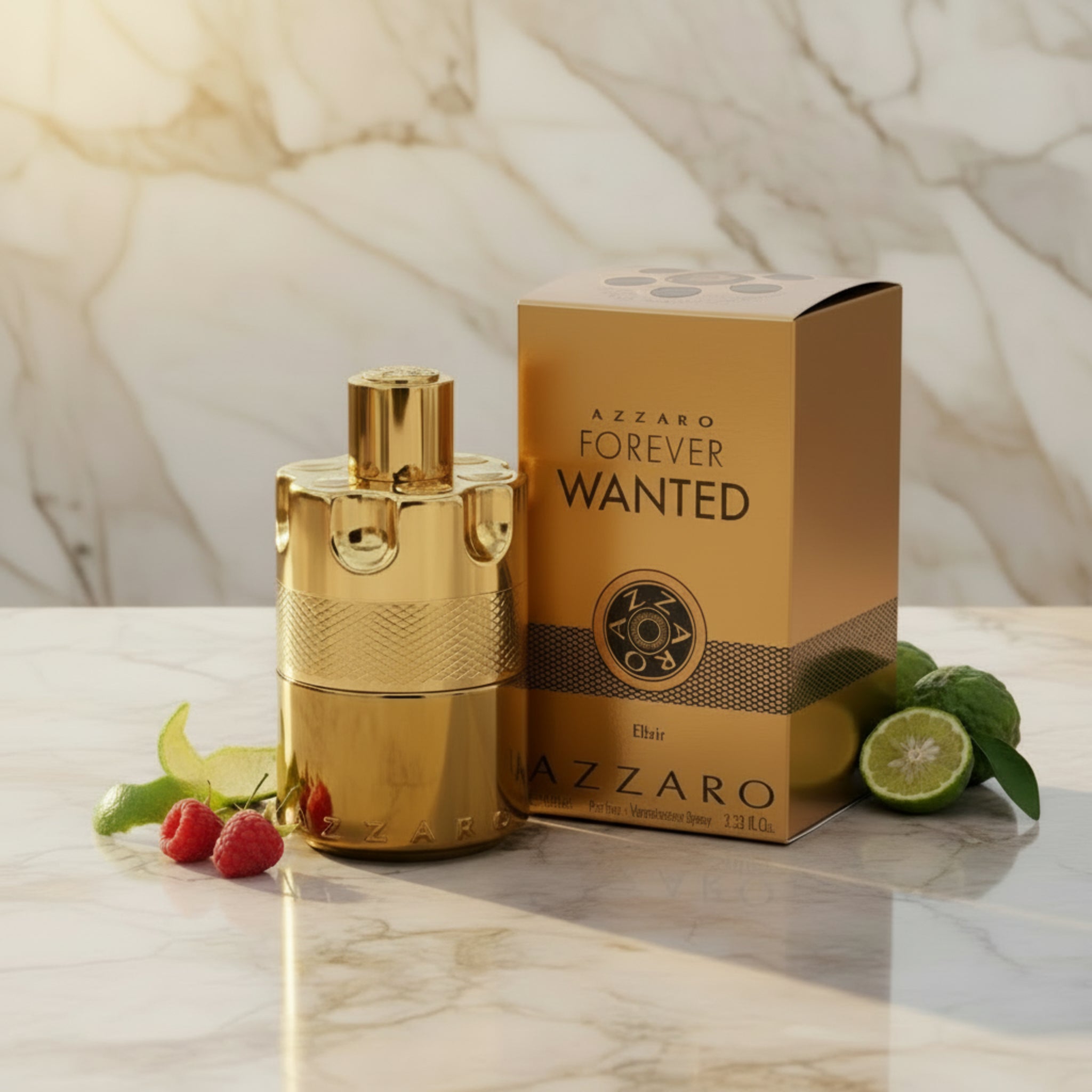 Gold Azzaro perfume bottle and packaging on a white background