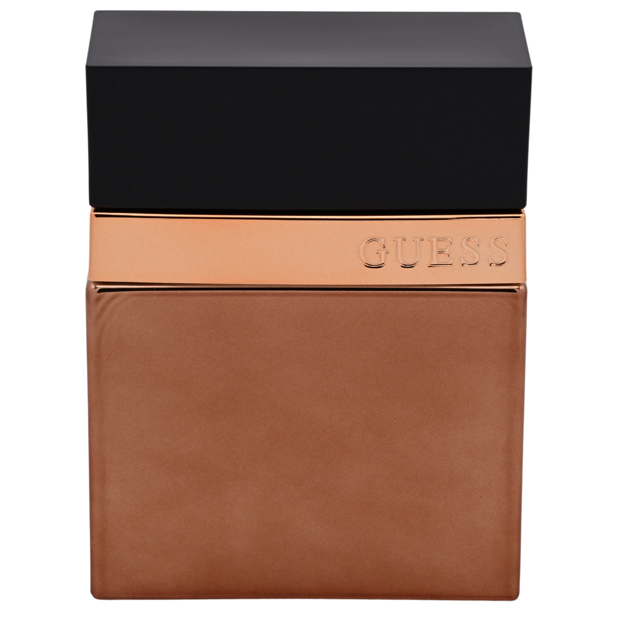 Guess perfume bottle with black cap and brown body on a white background