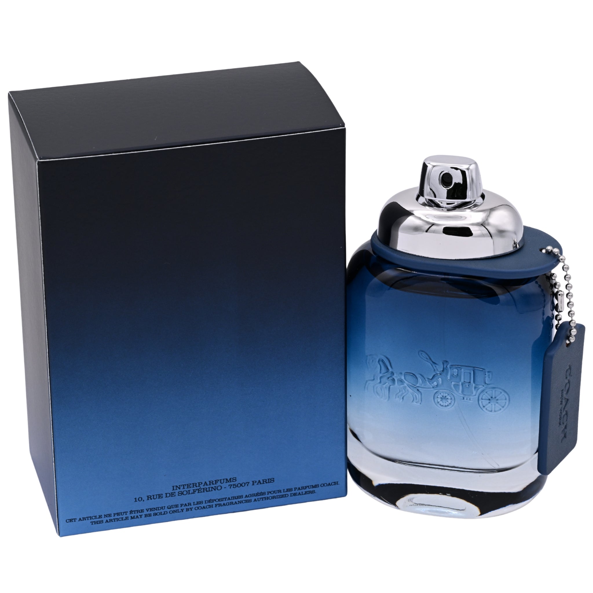 Blue perfume bottle with silver cap and packaging on a white background