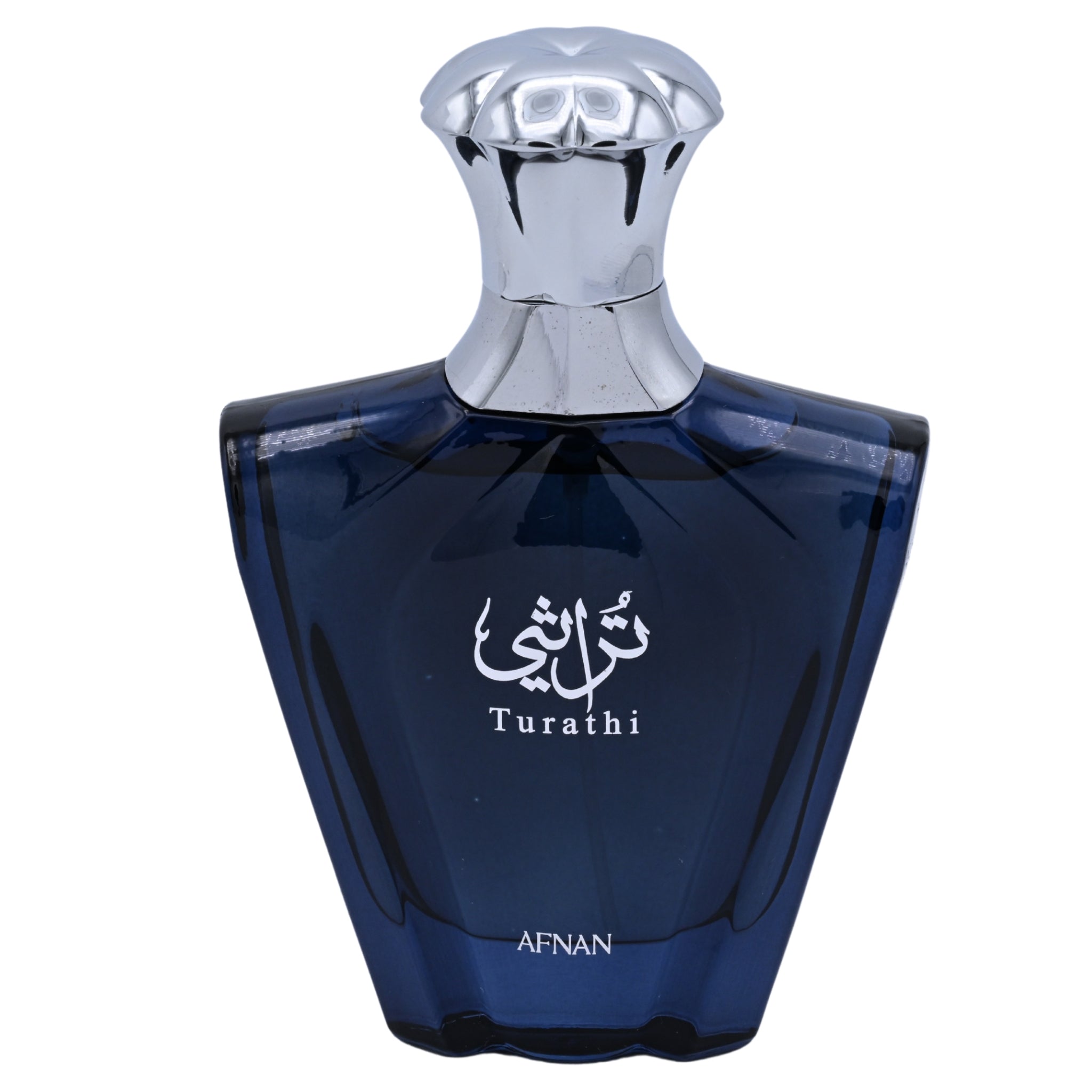 Blue perfume bottle with silver cap on a white background