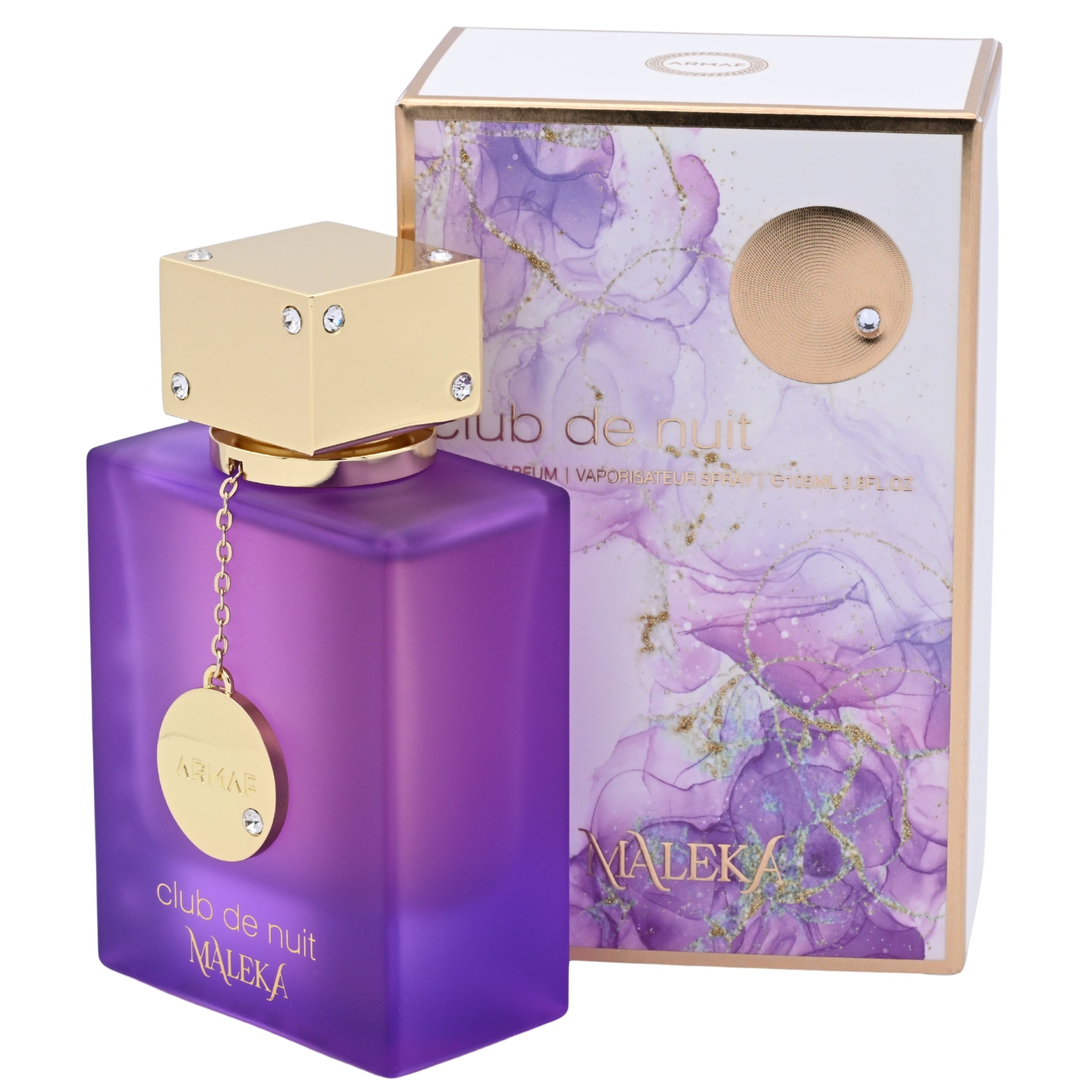 Purple perfume bottle with gold cap and 'club de nuit' packaging on a white background