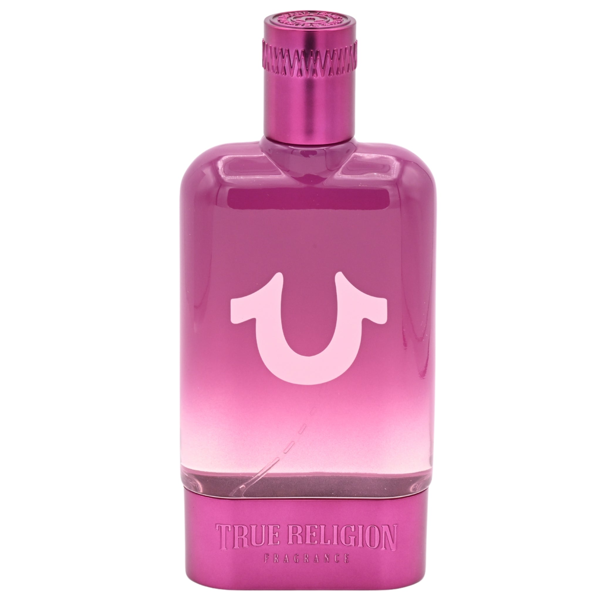 Pink perfume bottle with a visible brand logo on a white background