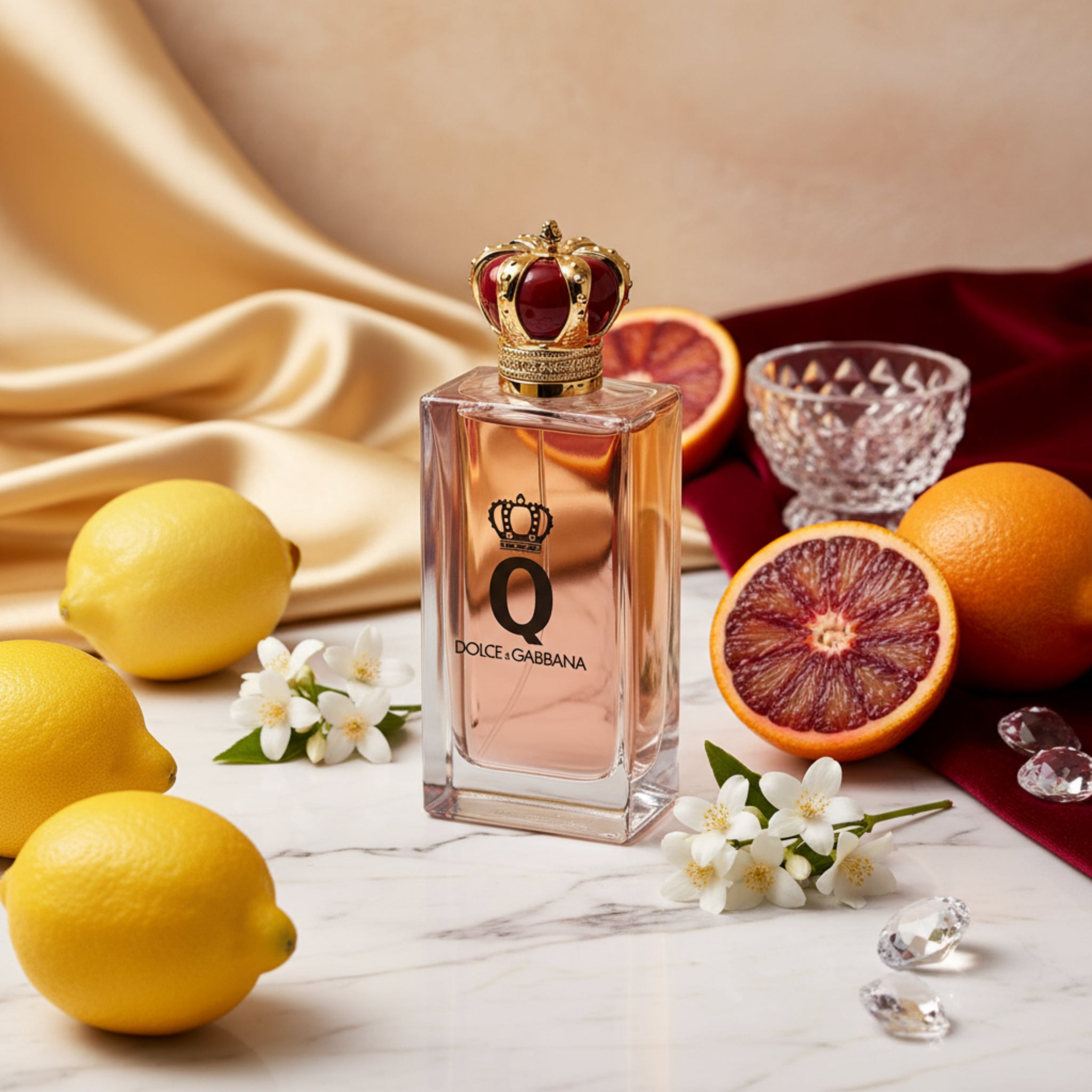 Dolce & Gabbana perfume bottle with decorative crown on a white background