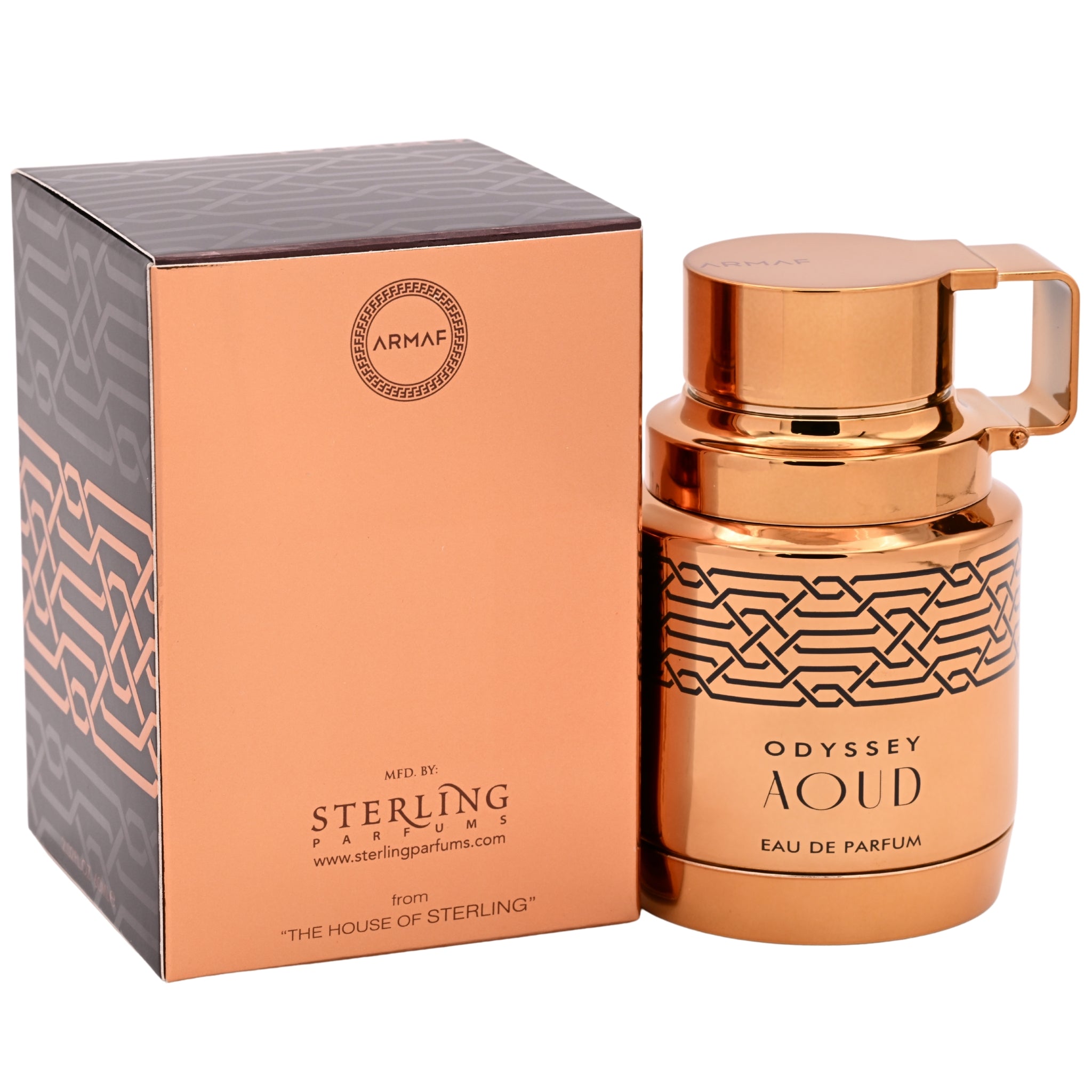 Bronze-colored perfume bottle and packaging with 'Sterling Parfum' branding on a white background