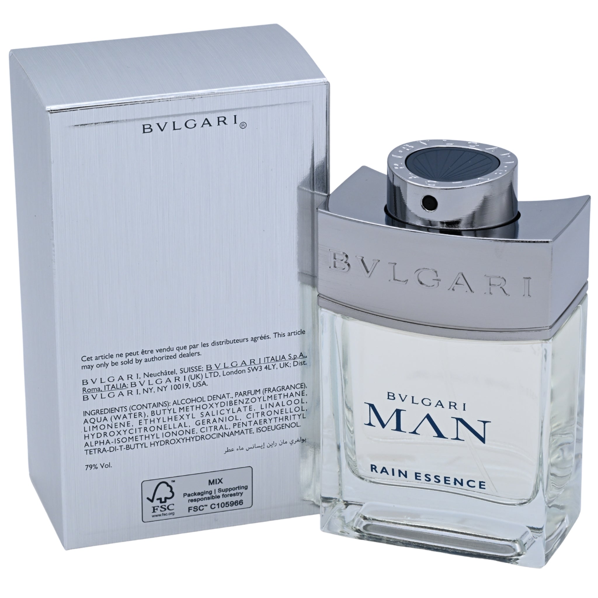 Bulgari Man Rain Essence perfume bottle and packaging on a white background