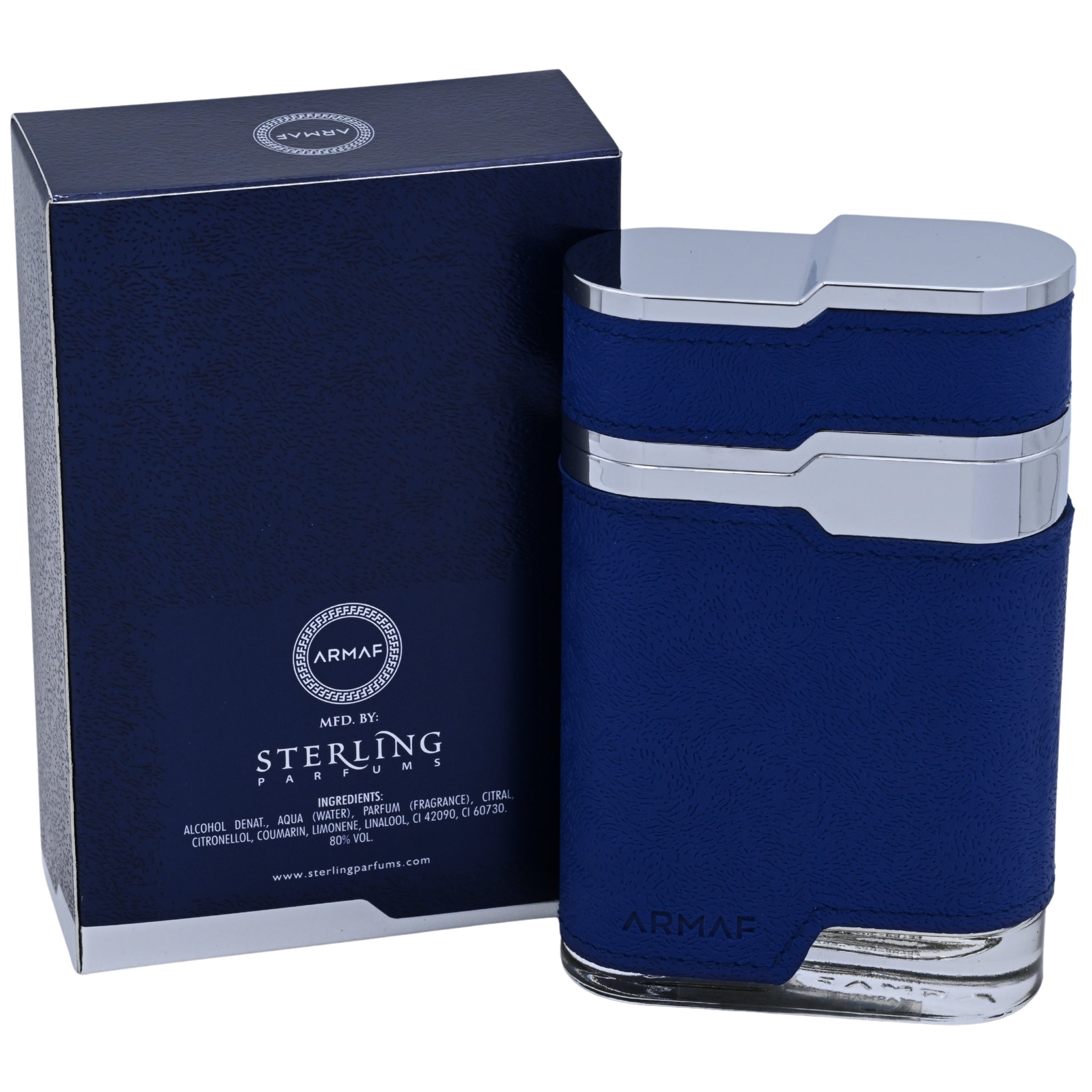 Blue Armaf perfume bottle with silver accents and packaging on a white background