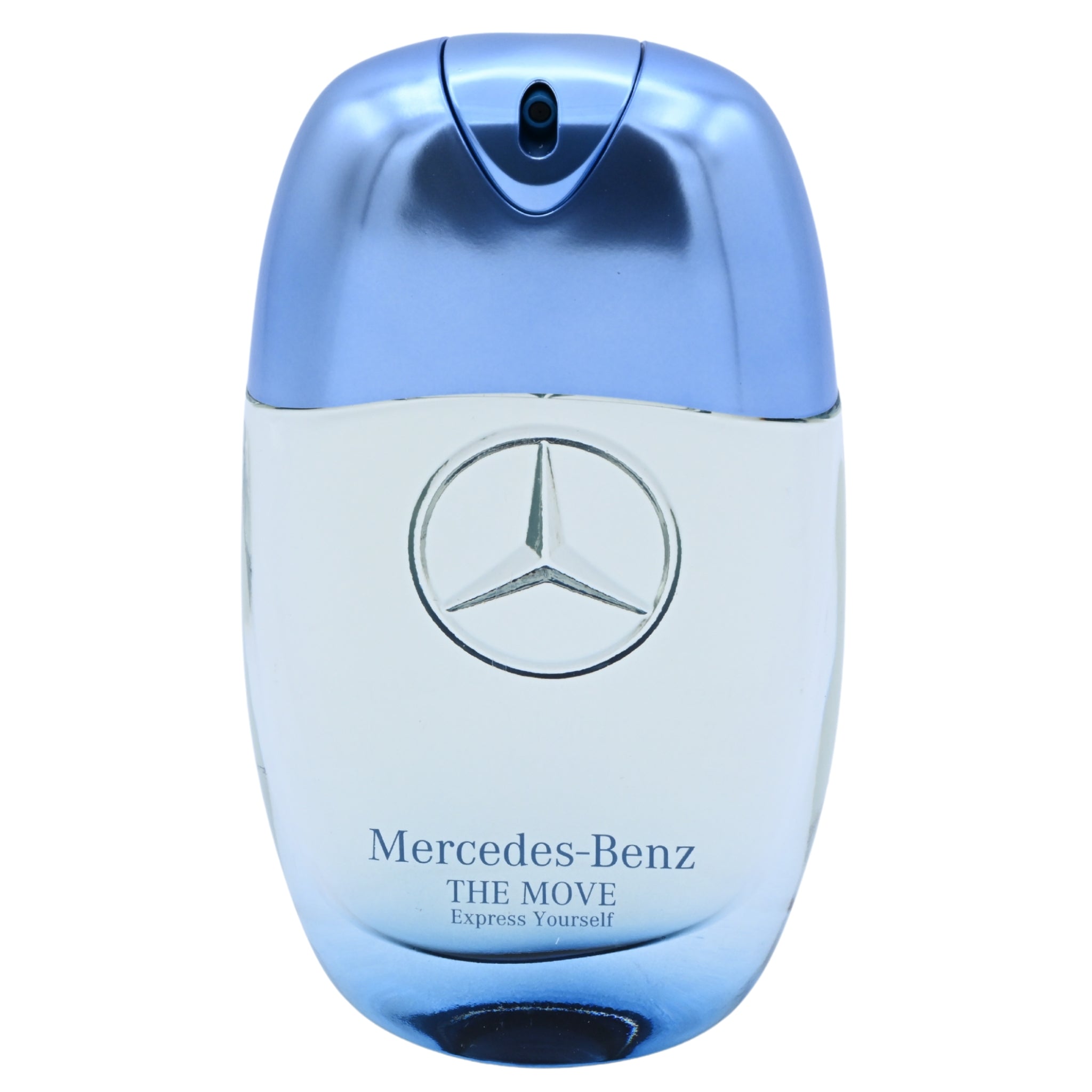 Mercedes-Benz The Move perfume bottle with blue cap and white body on a white background