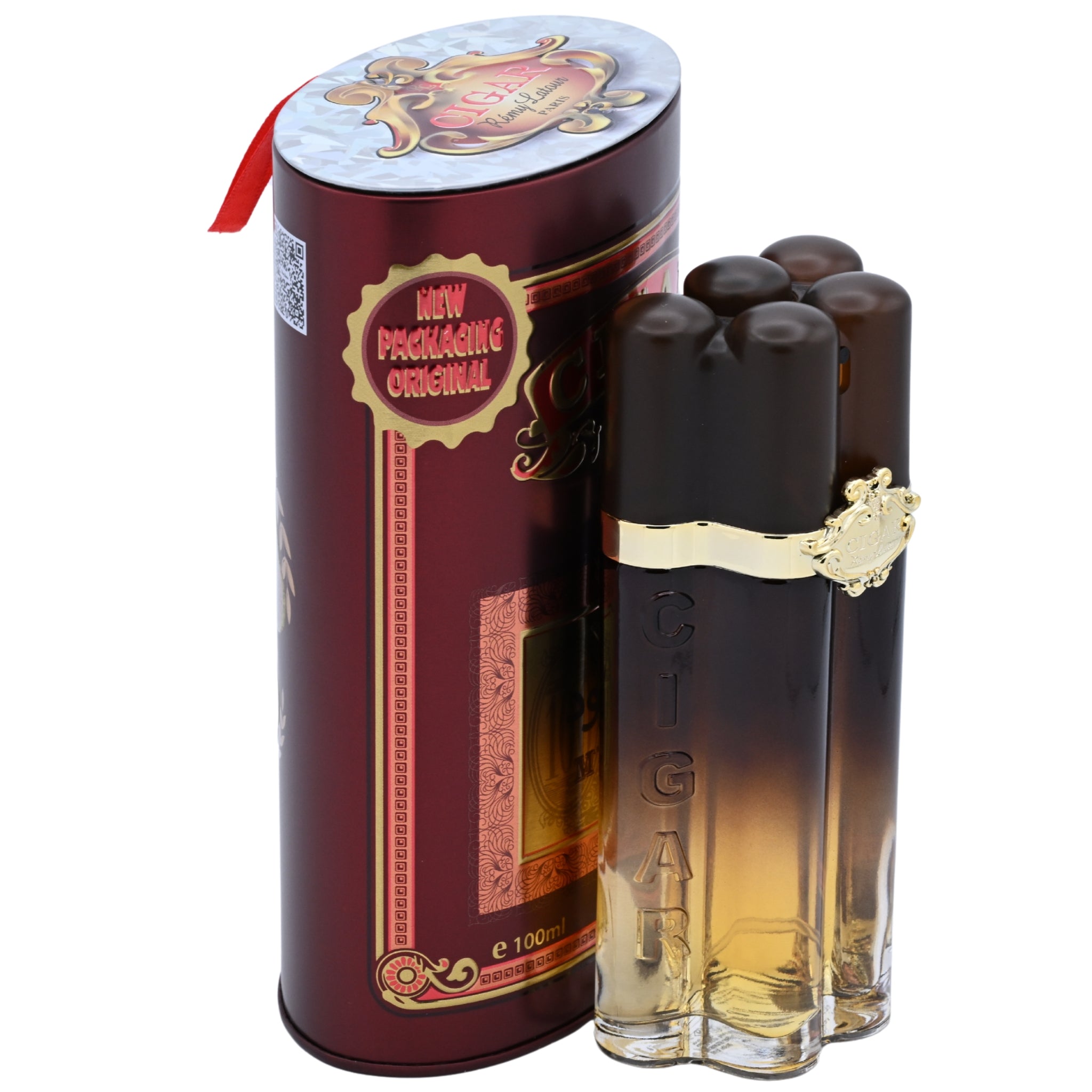 Perfume bottles with decorative packaging on a white background