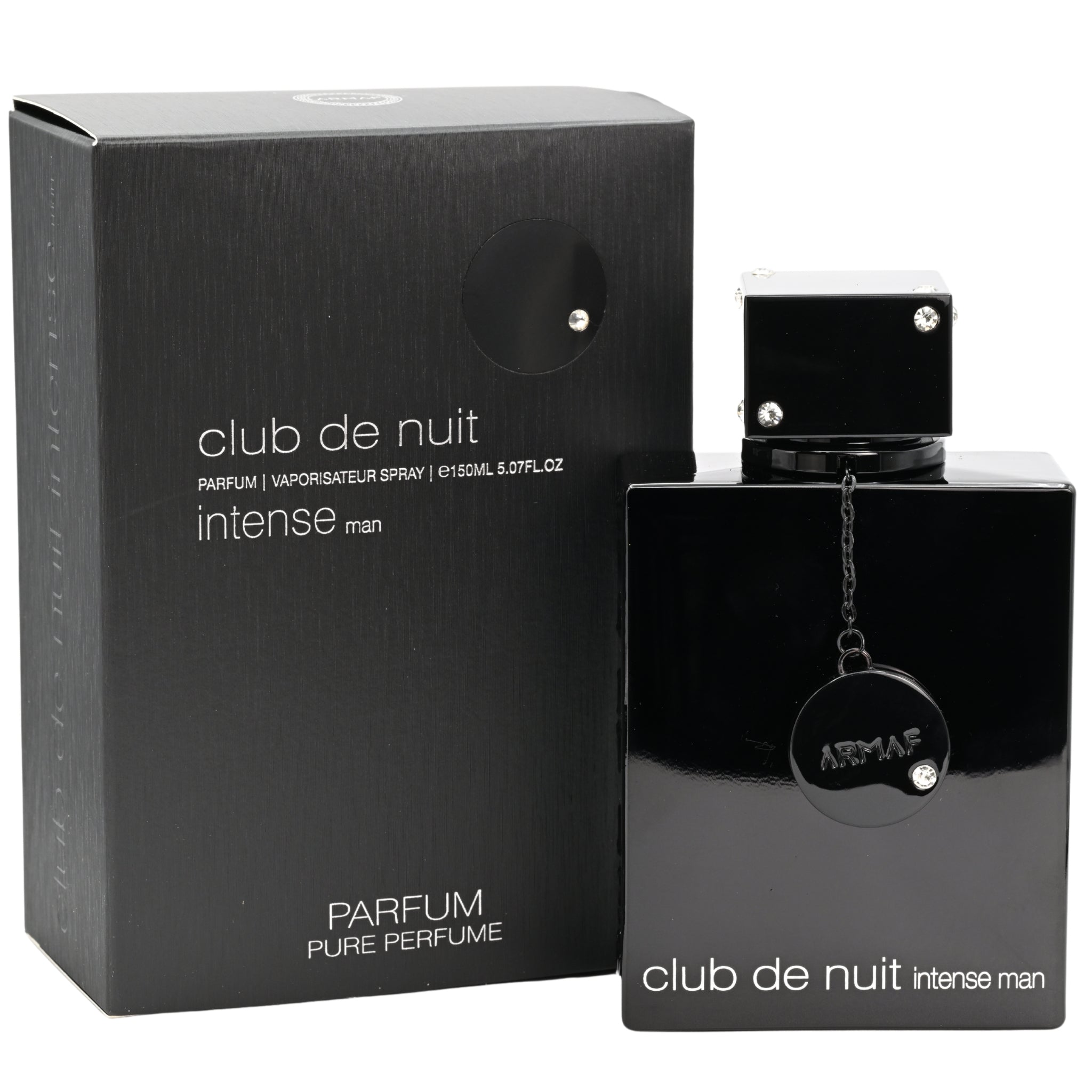 Black Armaf Club de Nuit intense man perfume bottle and packaging on a white background