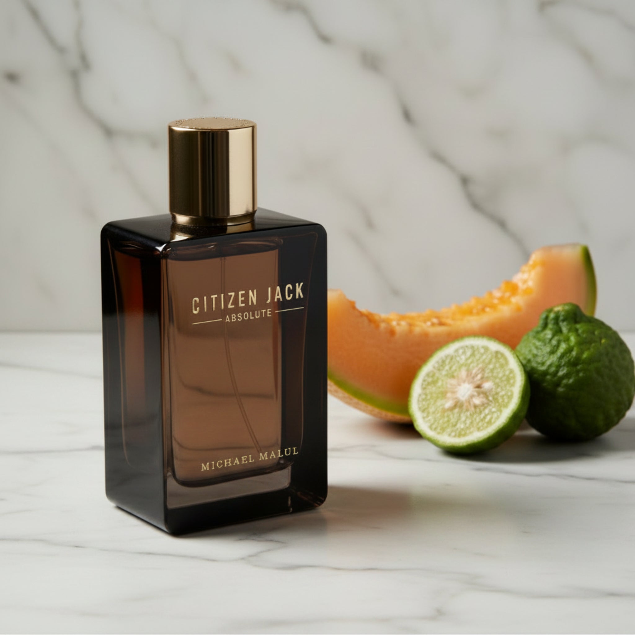 Perfume bottle labeled 'Citizen Jack Absolute' by Michael Malul on a white background