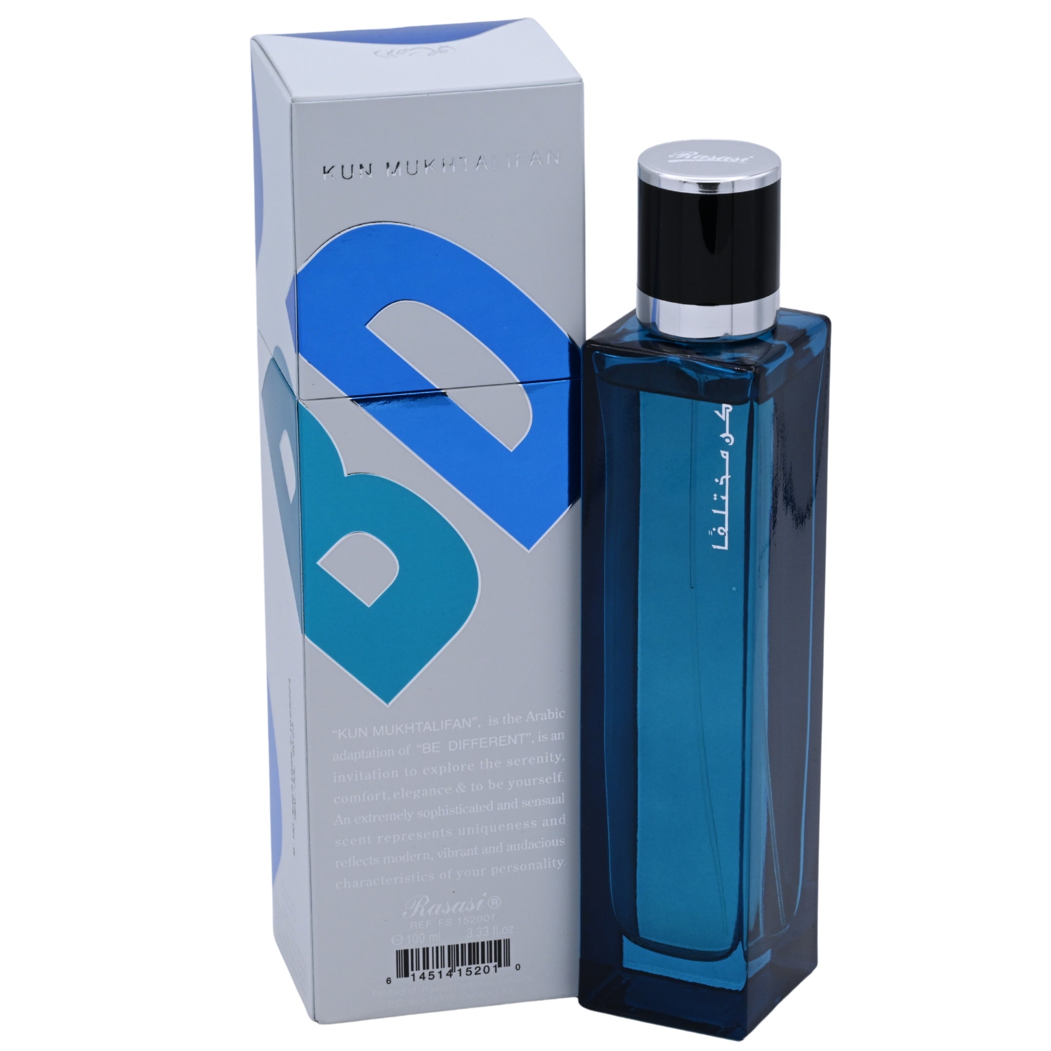 Blue perfume bottle with packaging on a white background