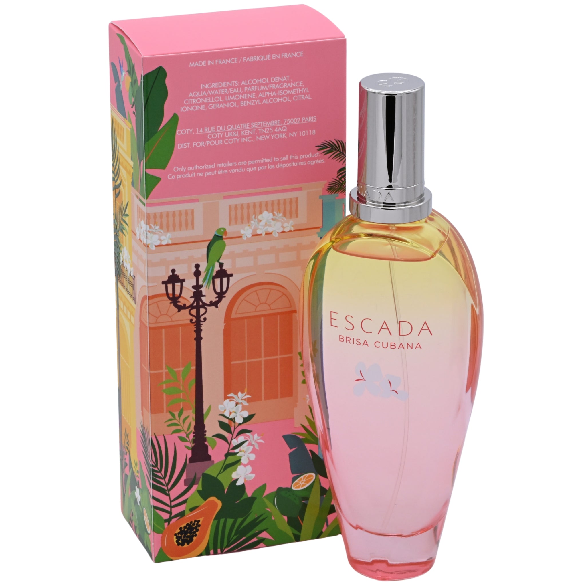 Escada Brisa Cubana perfume bottle and packaging on a white background