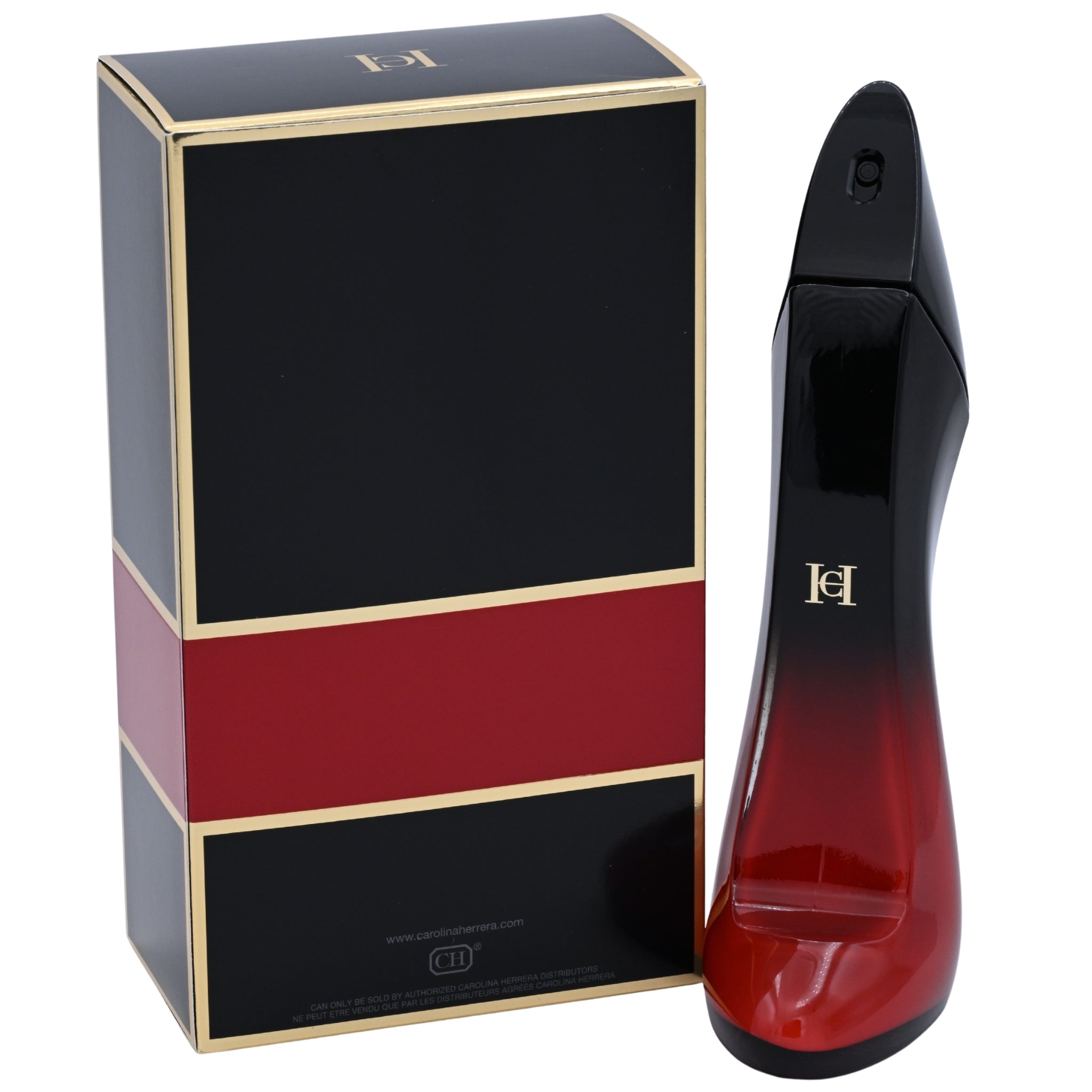 Red and black Carolina Herrera Good Girl perfume bottle with packaging on a white background