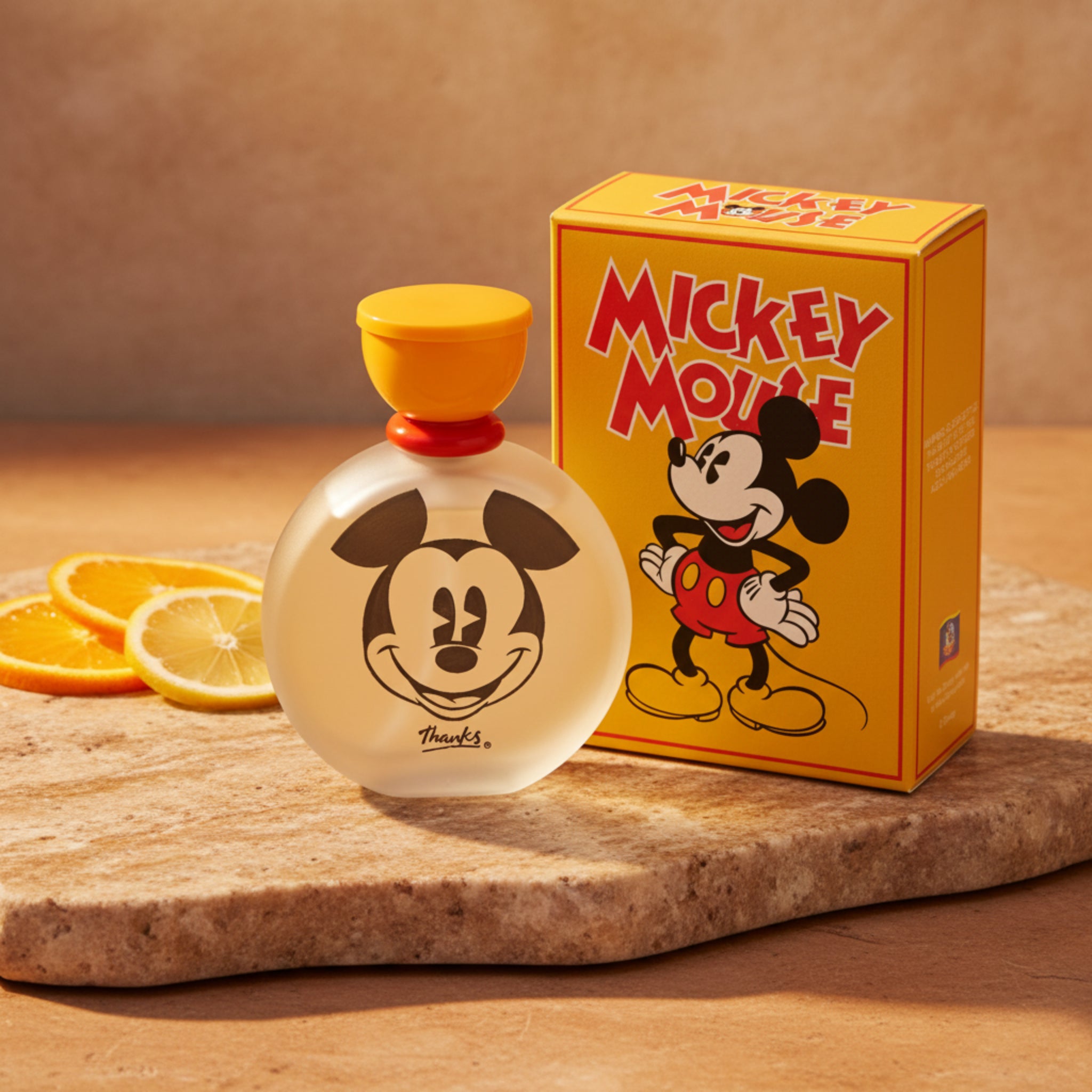 Mickey Mouse perfume bottle and packaging on a white background