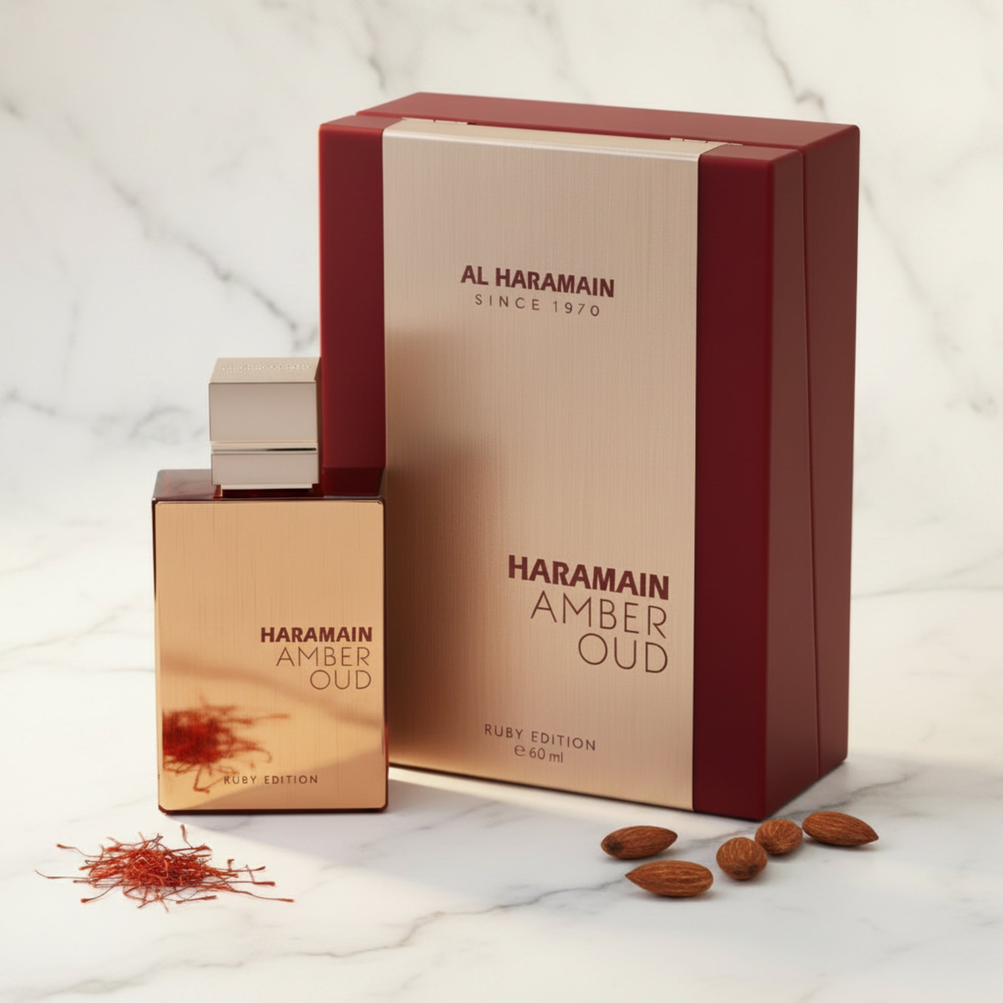 Haramain Amber Oud perfume bottle and packaging on a white background