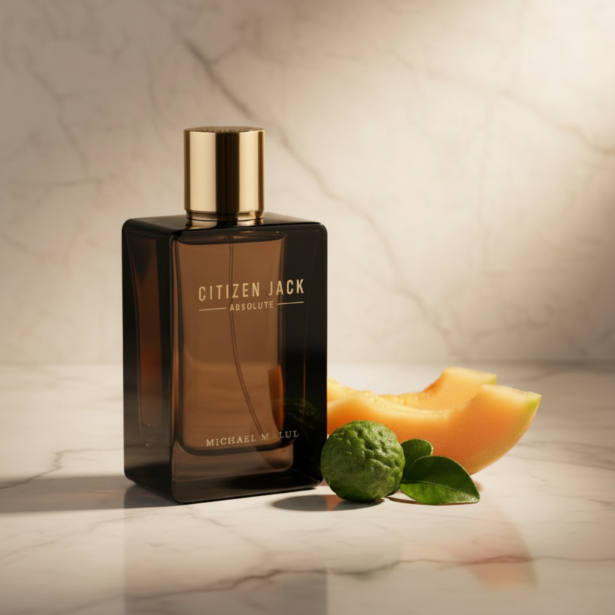 Perfume bottle labeled 'Citizen Jack Absolute' by Michael Malul on a white background