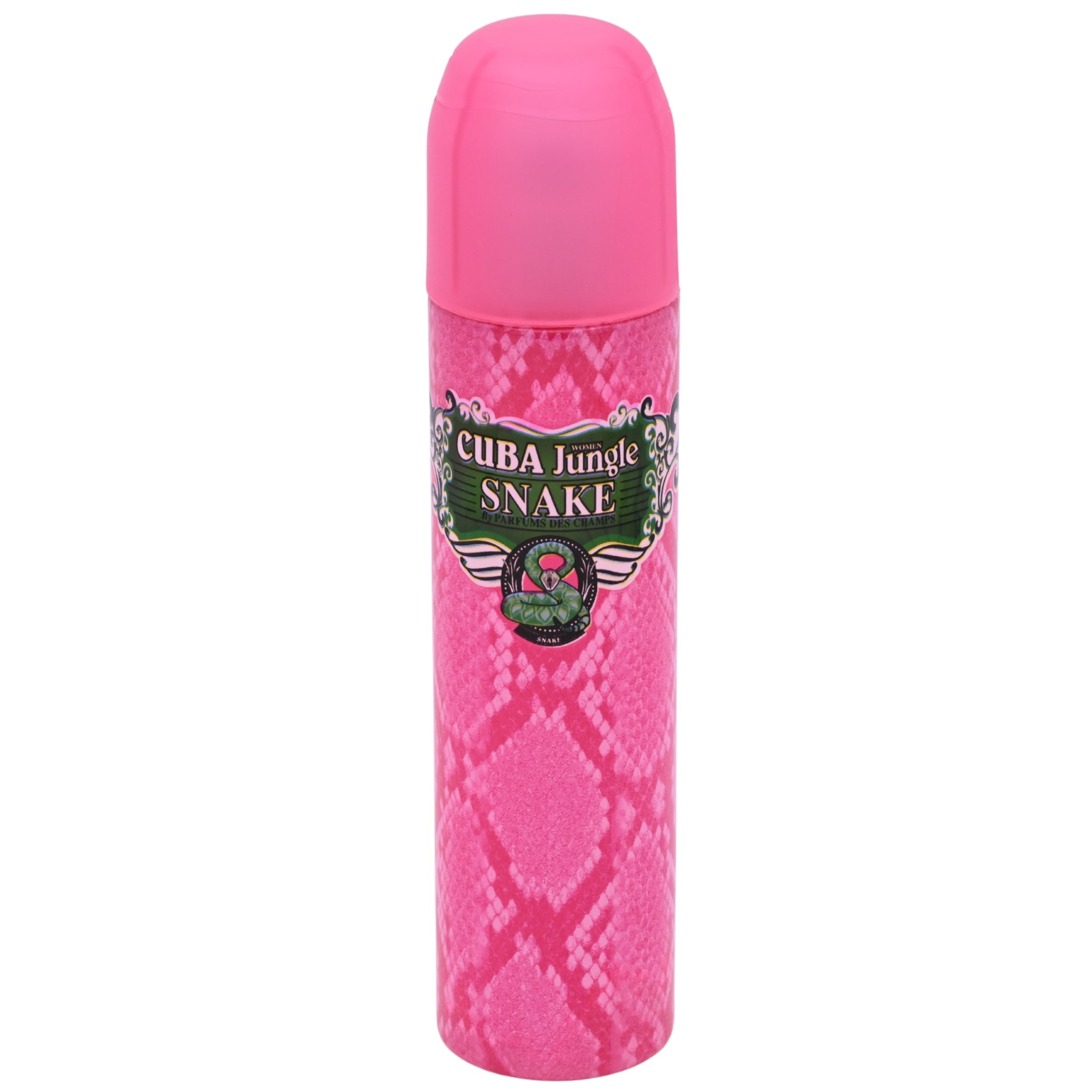 Pink 'Cuba Jungle Snake' perfume bottle and packaging on a white background