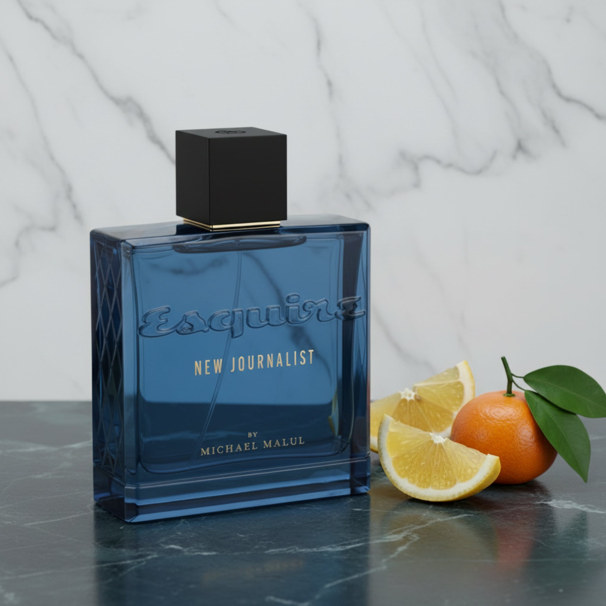 Blue perfume bottle with black cap on a white background