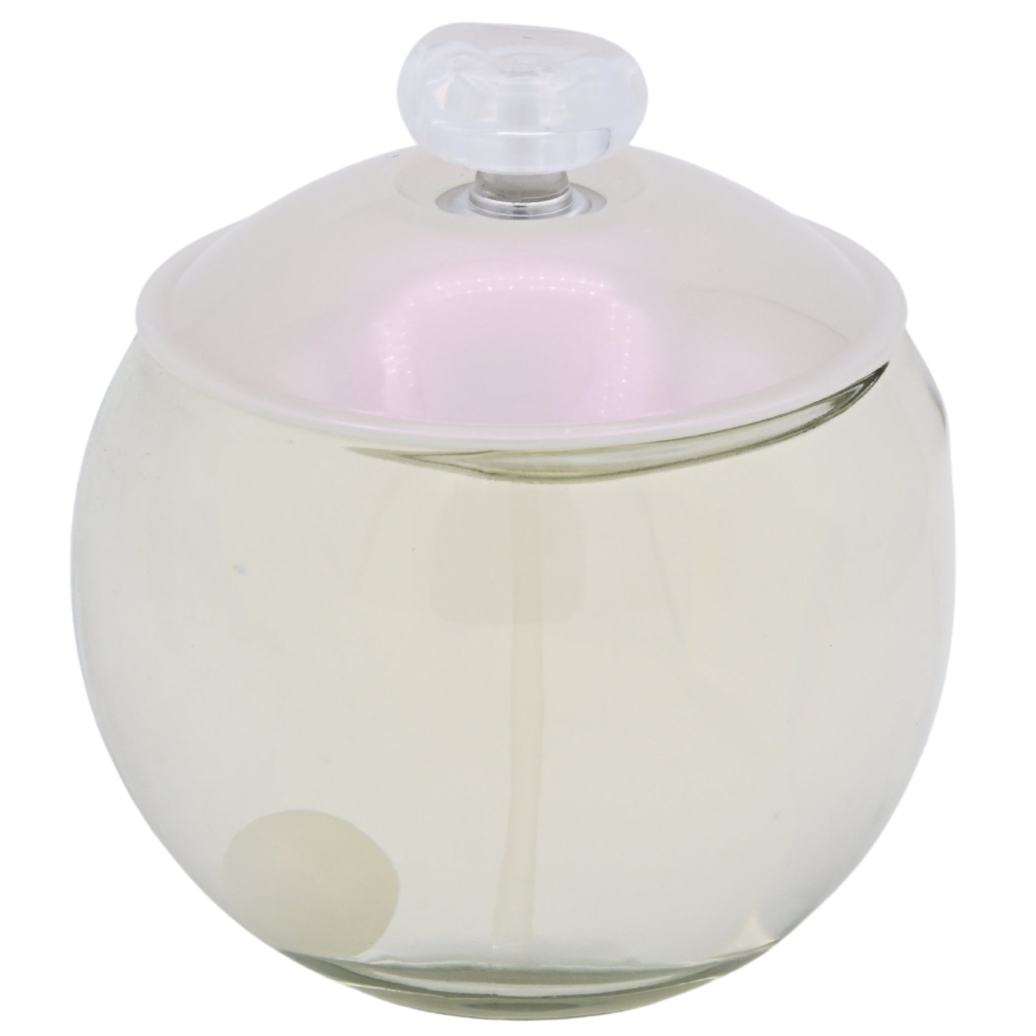 Clear glass perfume bottle with a white lid on a white background