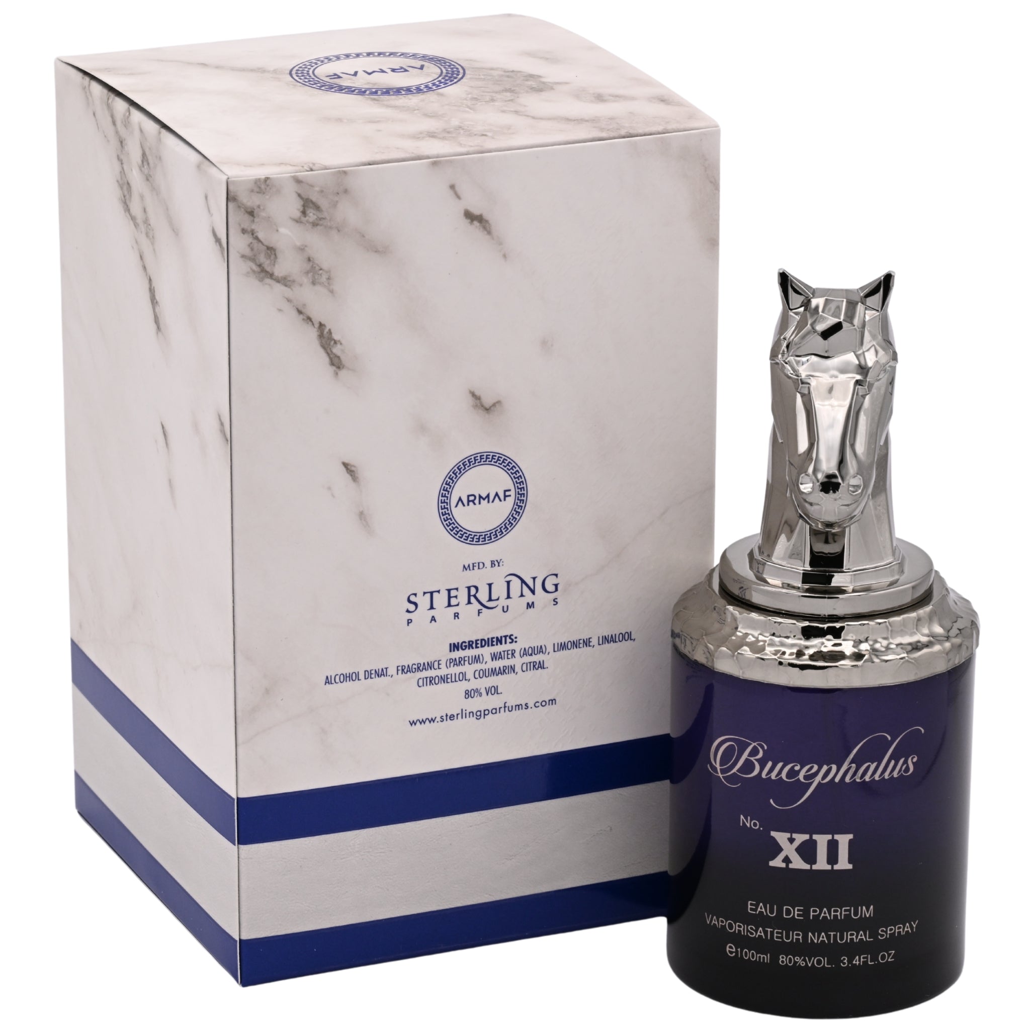 Perfume bottle with horse design and packaging on a white background