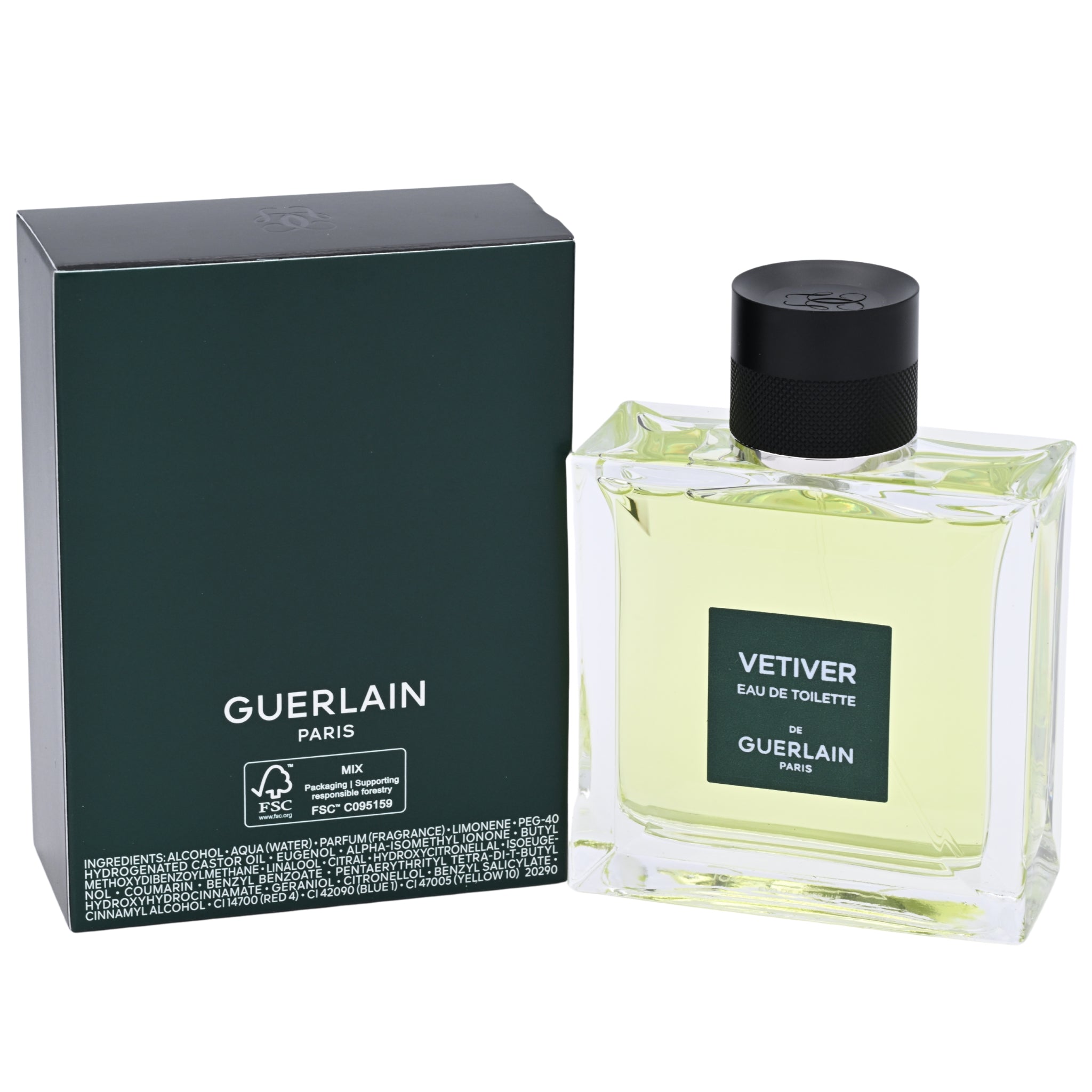 Guerlain Vetiver Eau de Toilette bottle and packaging on a white background