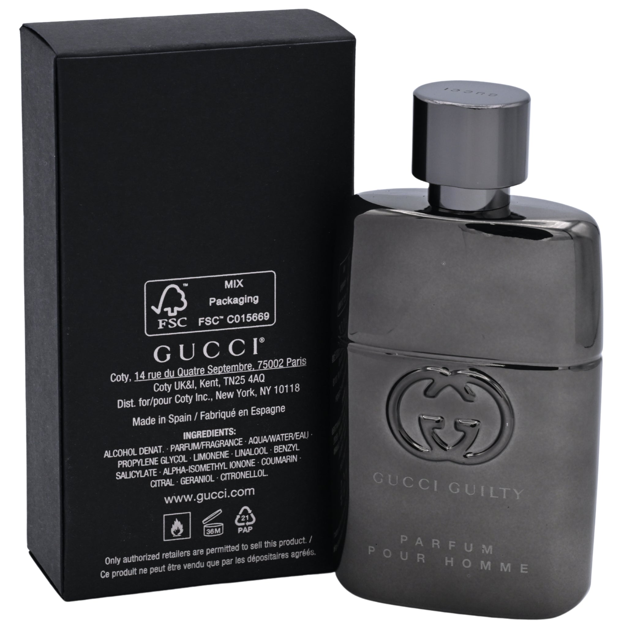 Gucci Guilty Parfum pour Homme bottle and packaging on a white background