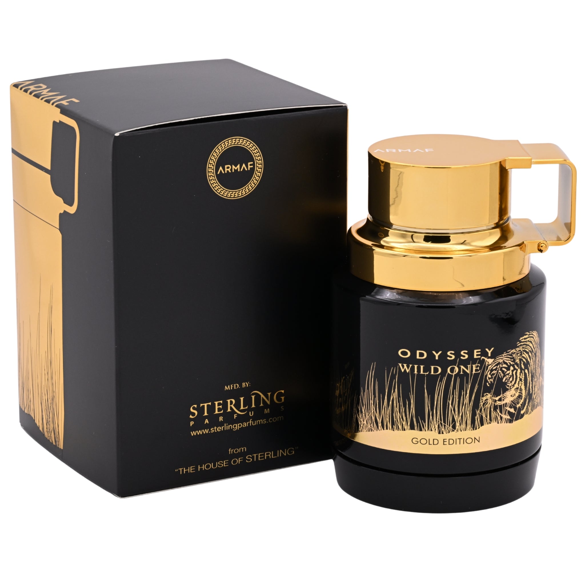 Perfume bottle and packaging of Armaf Odyssey Wild One Gold Edition on a white background