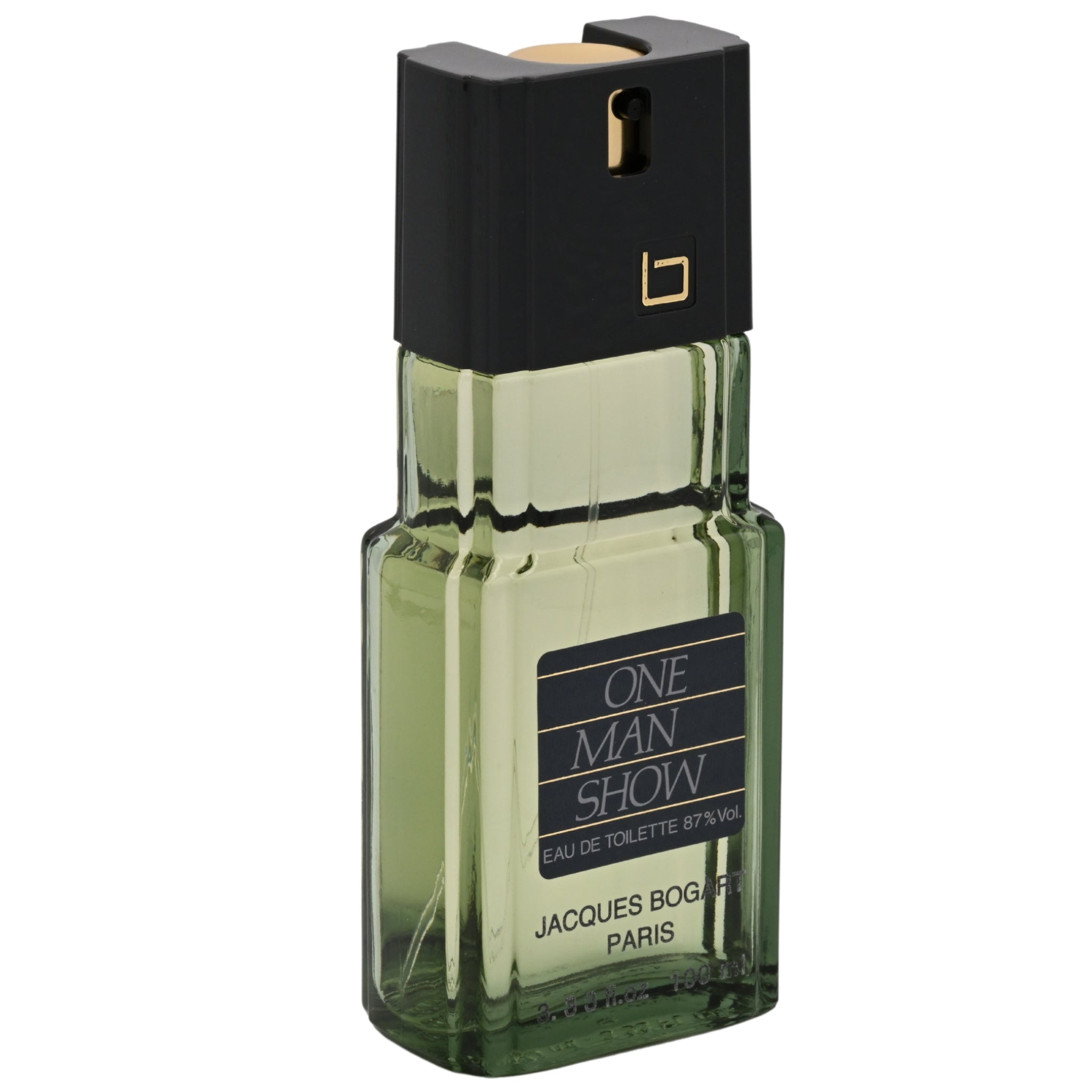 Green perfume bottle labeled 'One Man Show' by Jacques Bogart on a white background