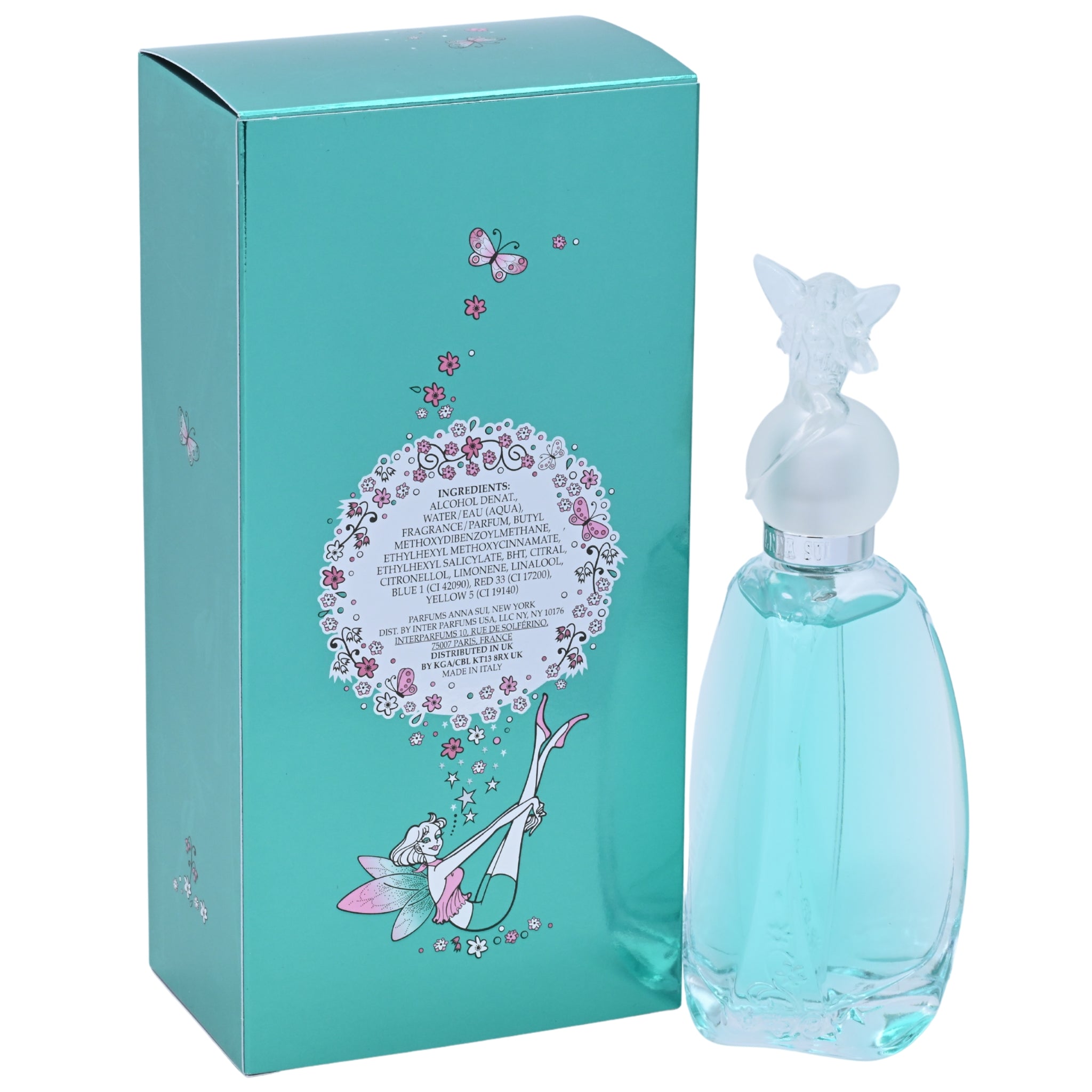 Anna Sui Secret Wish perfume bottle and packaging with fairy design on a white background
