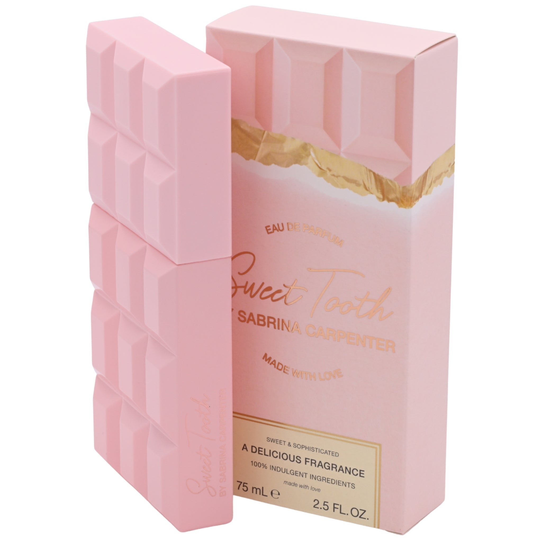 Pink perfume bottle and packaging with 'Sweet Tooth' branding on a white background