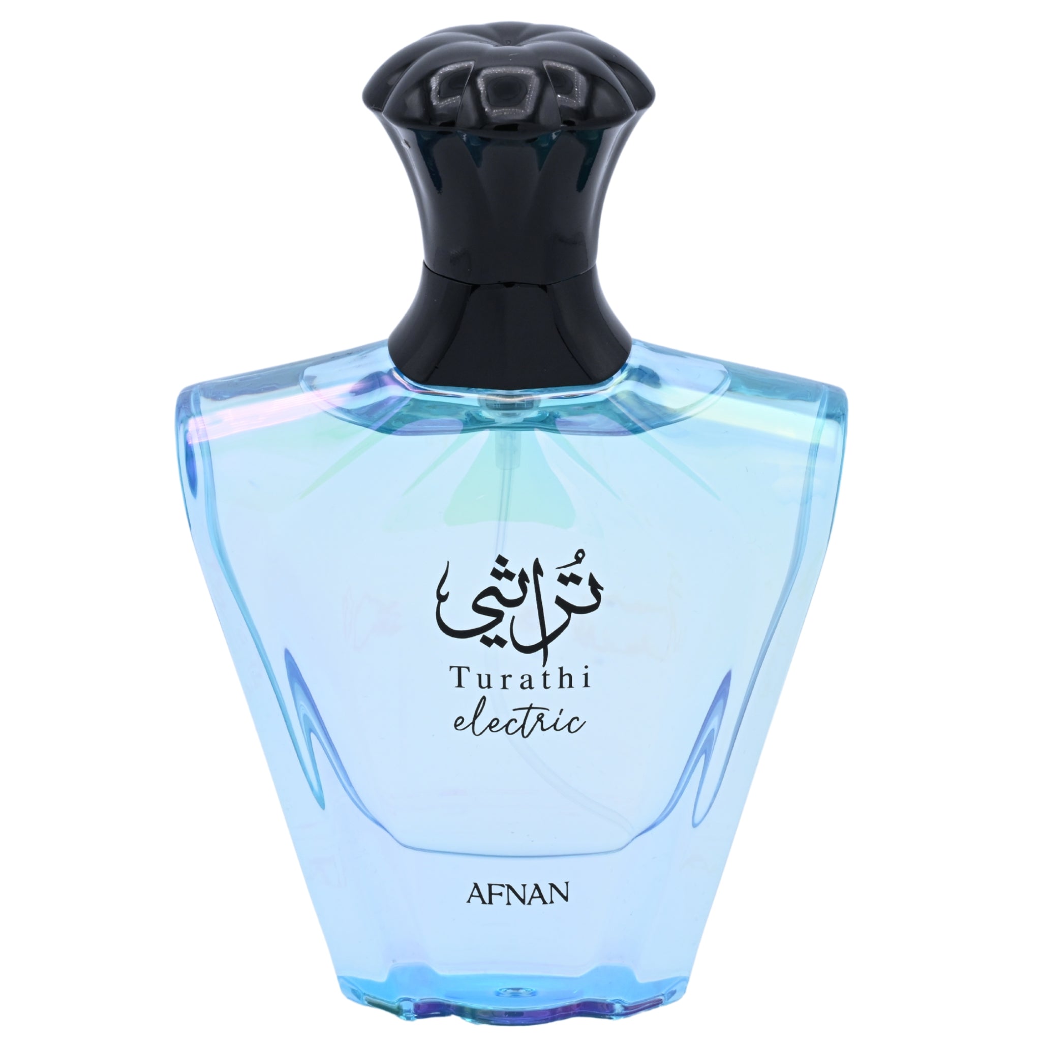 Blue perfume bottle with black cap labeled 'Turathi electric' by Afnan on a white background
