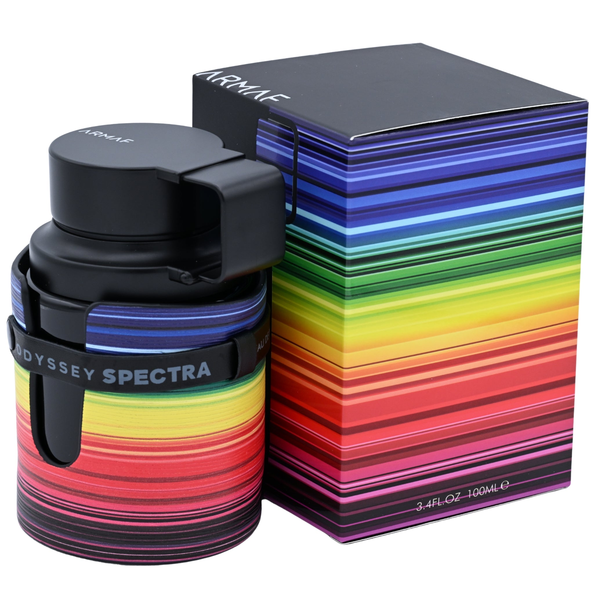 Colorful Odyssey Spectra bottle with black cap next to a colorful box on a white background