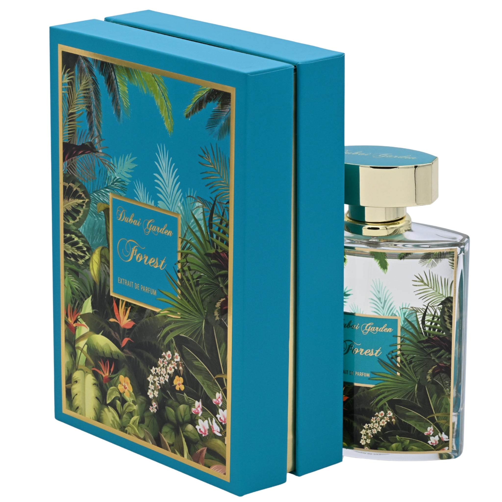 Perfume bottle with tropical design packaging on a white background